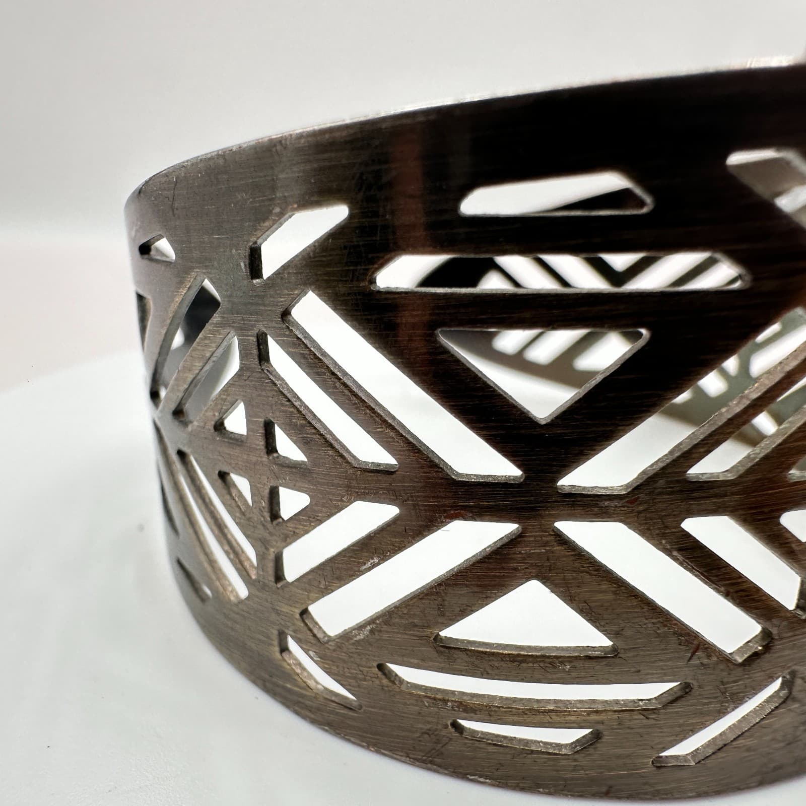 Vintage 80s Silver Tone Cutout Cuff Bracelet Geometric Wide Statement Jewelry - Thumbnail 5