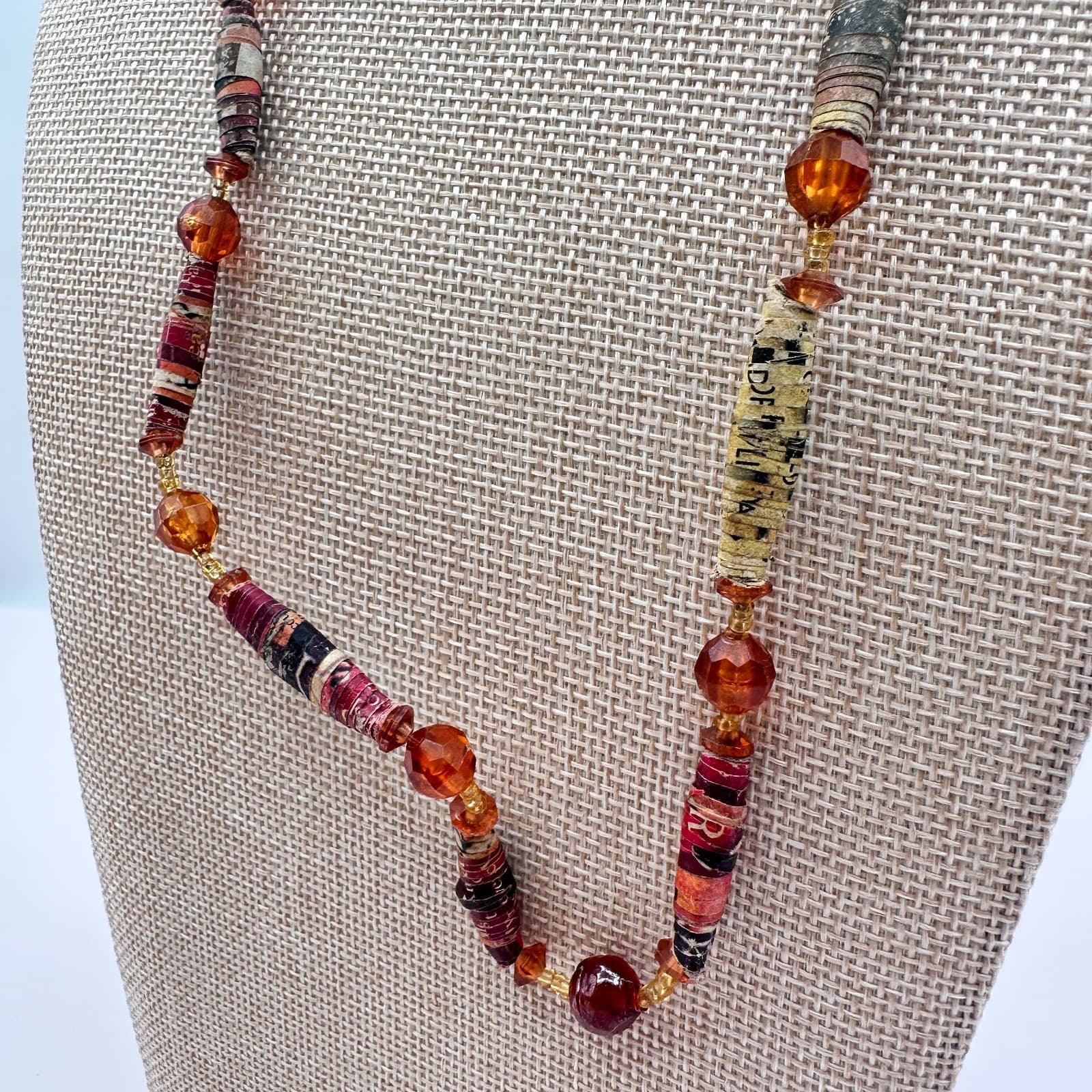 Vintage 90s Amber Paper Beaded Statement Necklace Boho Women's Classic Jewelry - Thumbnail 6