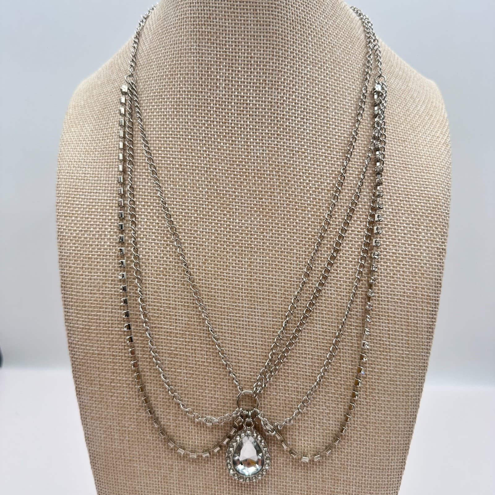 Vintage 90s Silver Stranded Draped Chain Necklace Rhinestone Teardrop Jewelry - Thumbnail 9