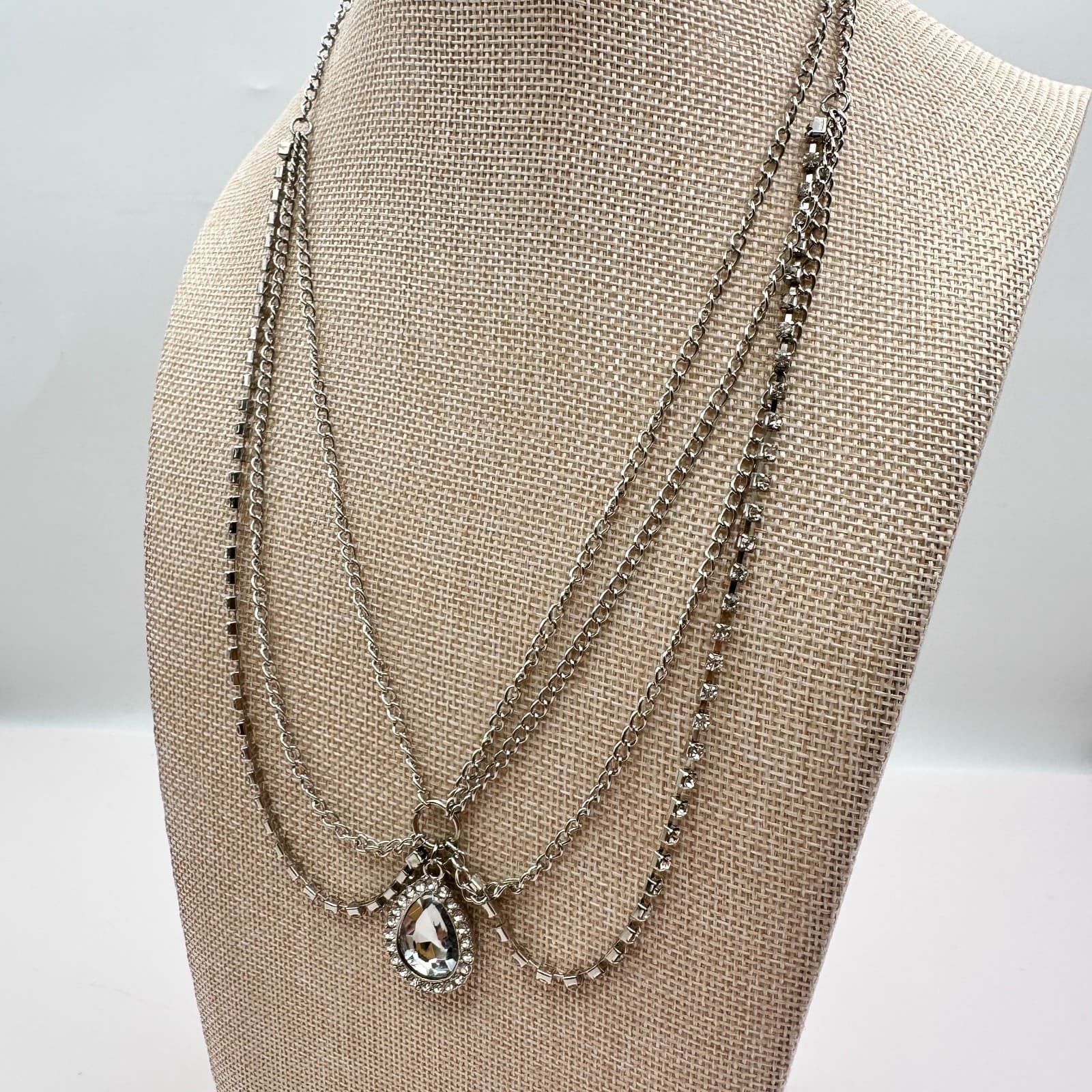 Vintage 90s Silver Stranded Draped Chain Necklace Rhinestone Teardrop Jewelry - Thumbnail 8