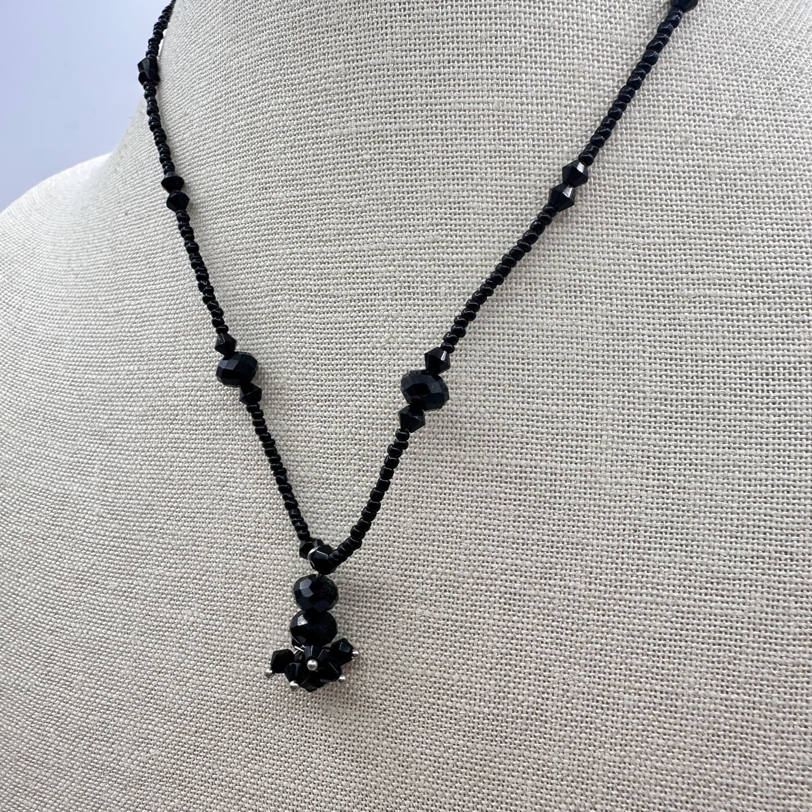 Vintage 90s Black Faceted Beaded Pendant Necklace Boho Statement Women's Jewelry - Thumbnail 5