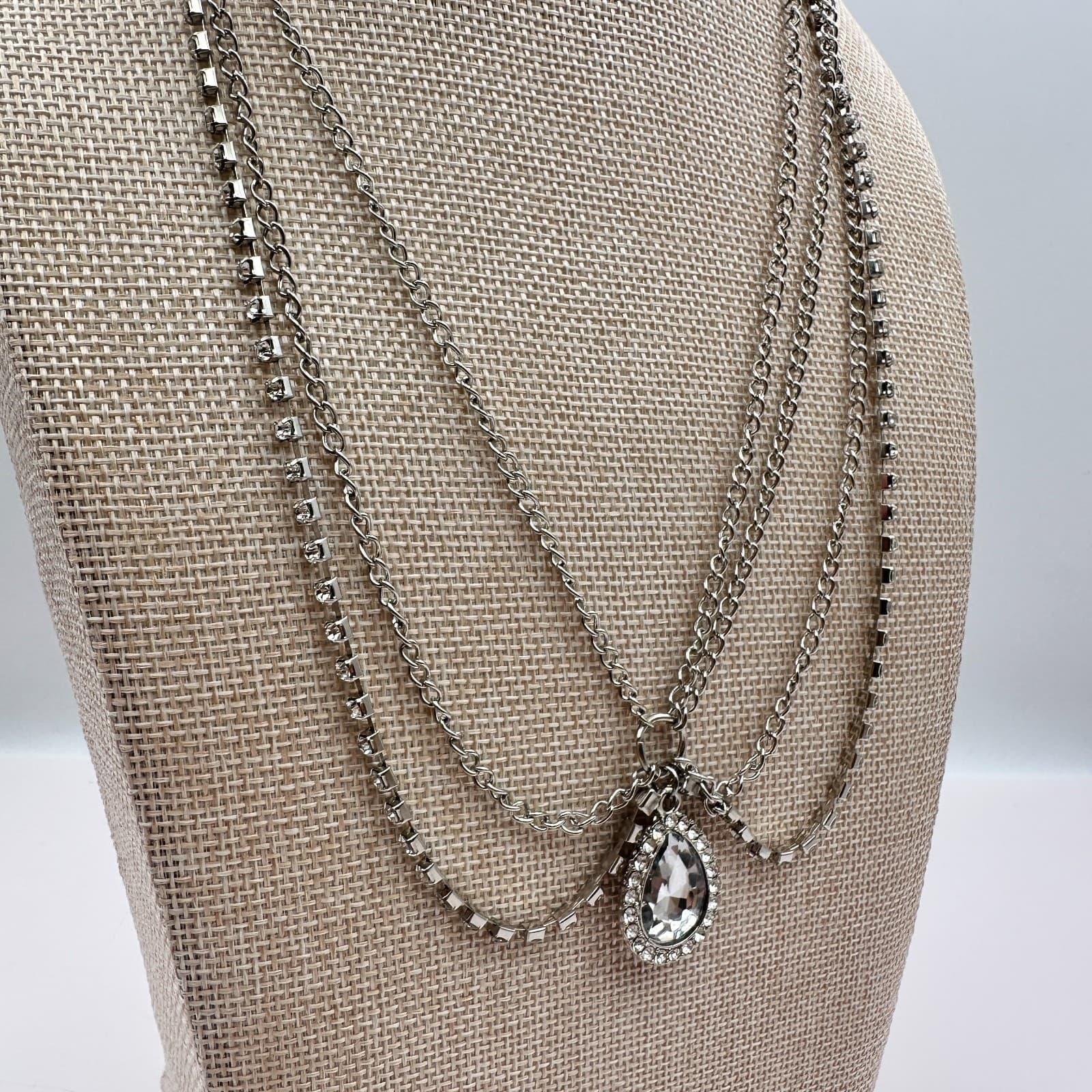 Vintage 90s Silver Stranded Draped Chain Necklace Rhinestone Teardrop Jewelry - Thumbnail 6