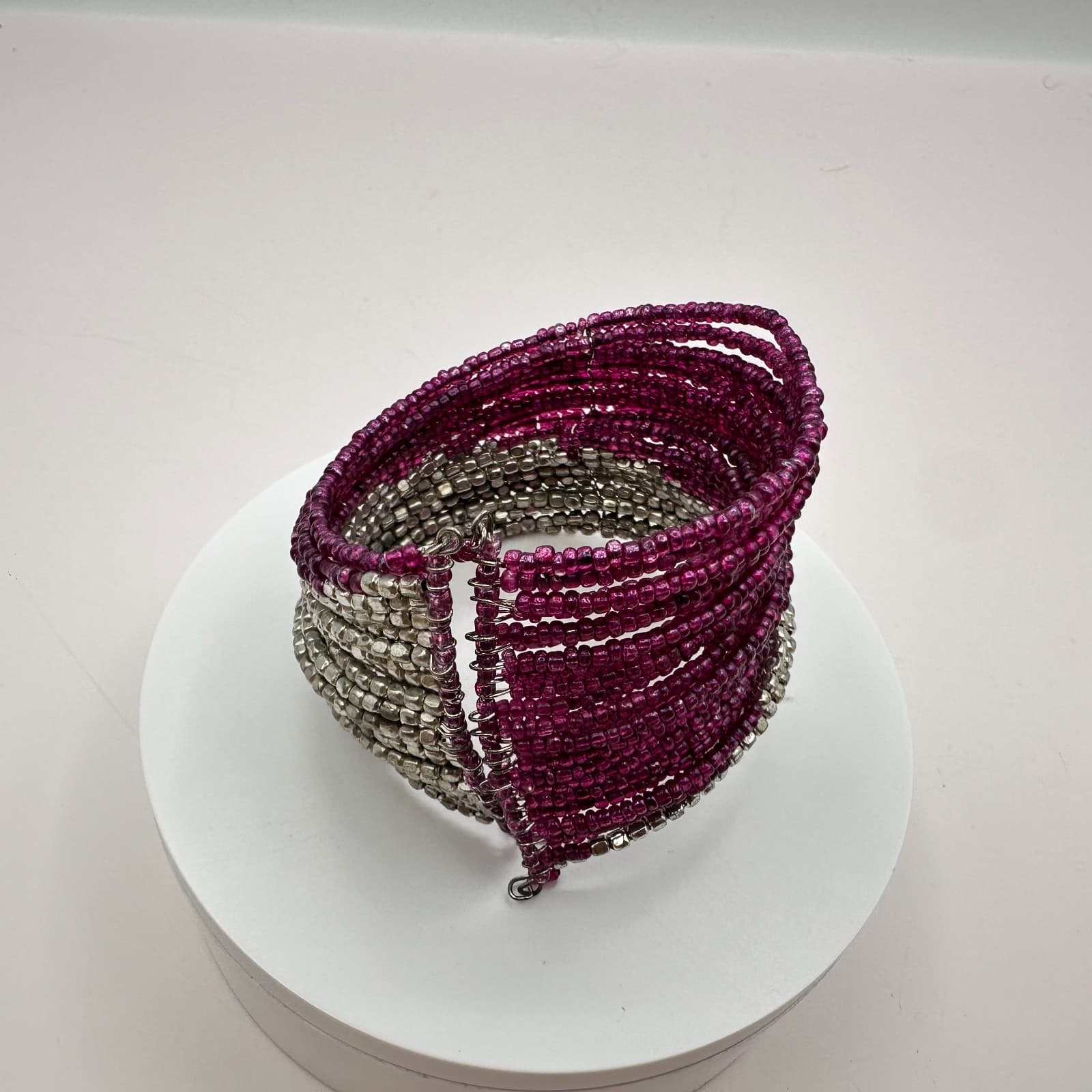 Vintage 90s Magenta Pink &Silver Seed Bead Multi-Strand Wrap Cuff Bracelet Boho - Thumbnail 5