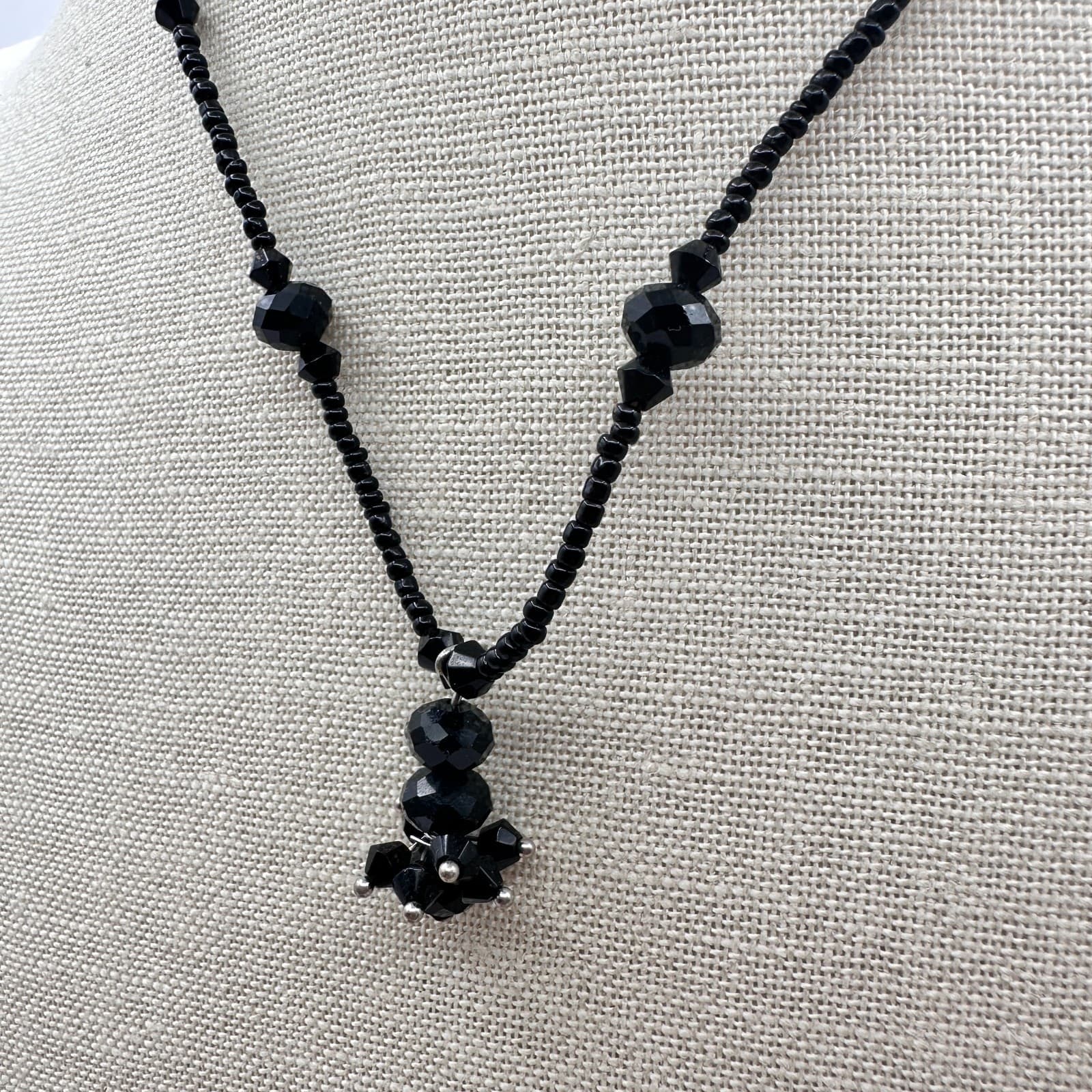 Vintage 90s Black Faceted Beaded Pendant Necklace Boho Statement Women's Jewelry - Thumbnail 4