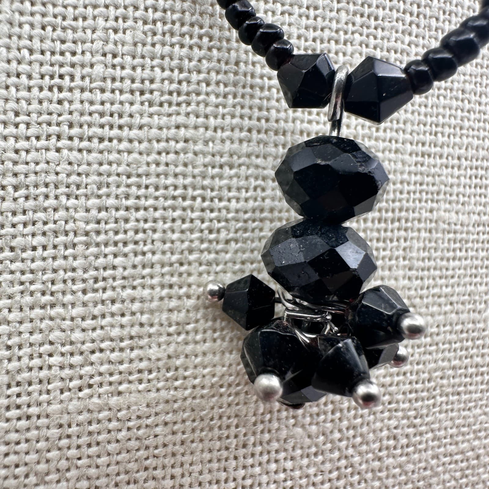 Vintage 90s Black Faceted Beaded Pendant Necklace Boho Statement Women's Jewelry - Thumbnail 7