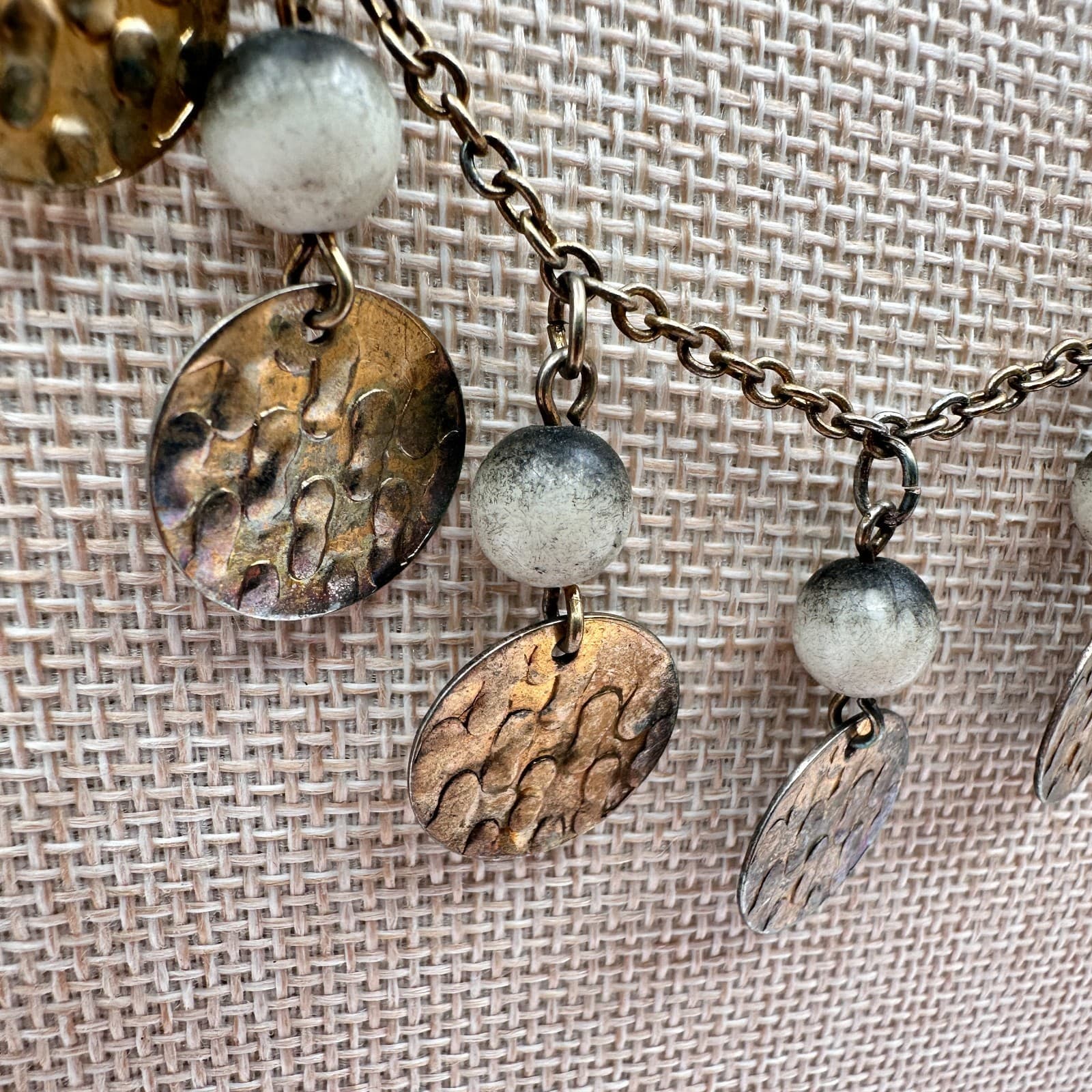 Vintage 90s Beaded Hammered Bronze Tone Coin Necklace Statement Women's Jewelry - Thumbnail 4