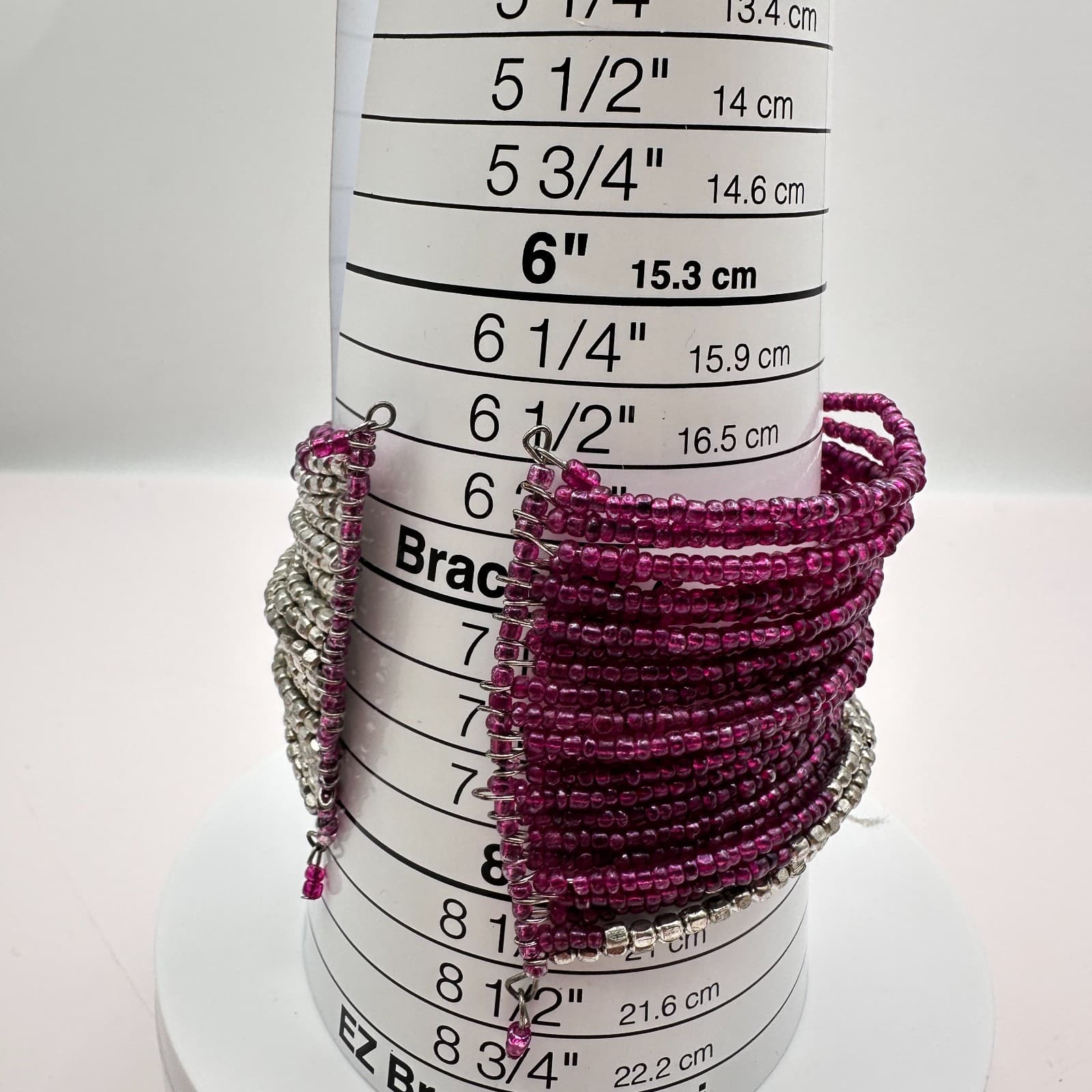 Vintage 90s Magenta Pink &Silver Seed Bead Multi-Strand Wrap Cuff Bracelet Boho - Thumbnail 8