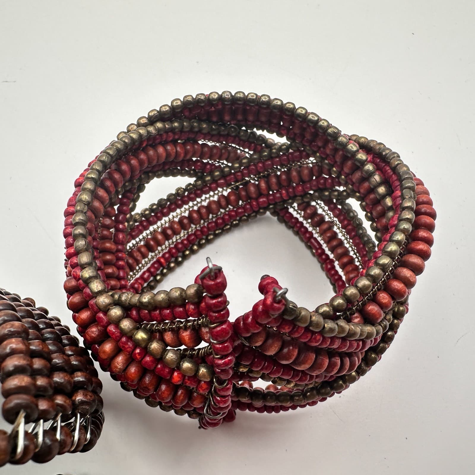 Vintage 90s Boho Seed Beaded Memory Wire Cuff Bracelet Set Statement Jewelry - Thumbnail 6
