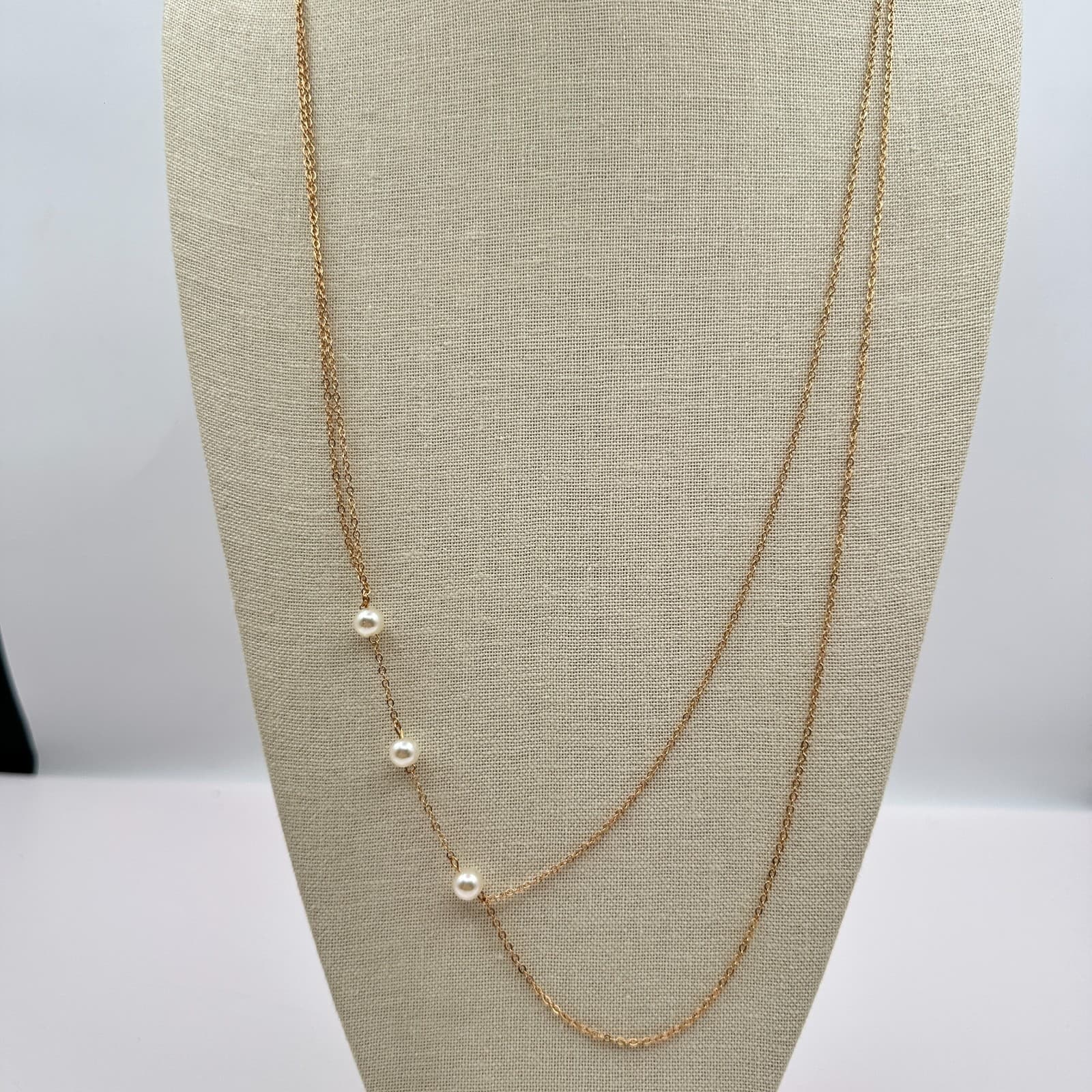 Vintage 90s Faux Pearl Gold Tone Double Strand Chain Necklace Minimalist Jewelry - Thumbnail 6