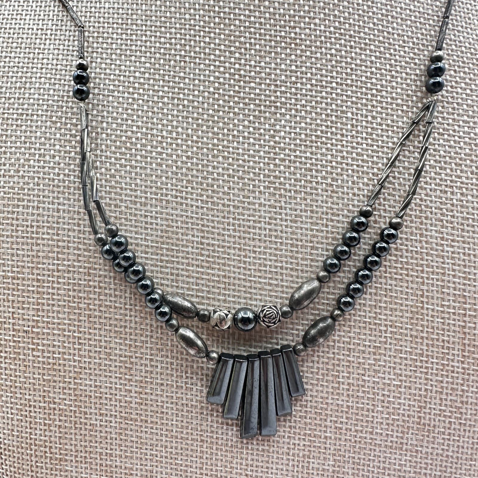 Vintage 90s Silver Tone Double Strand Beaded Geometric Fringe Statement Necklace - Thumbnail 2
