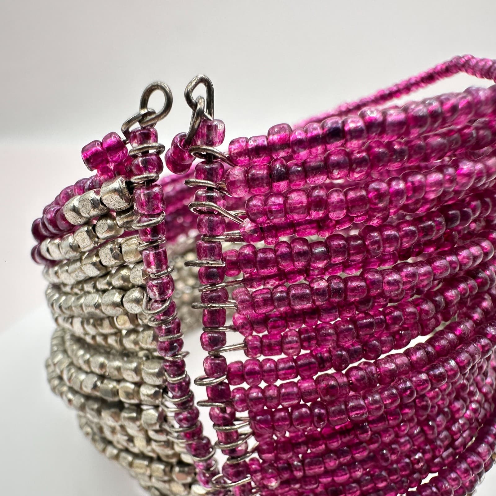 Vintage 90s Magenta Pink &Silver Seed Bead Multi-Strand Wrap Cuff Bracelet Boho - Thumbnail 4