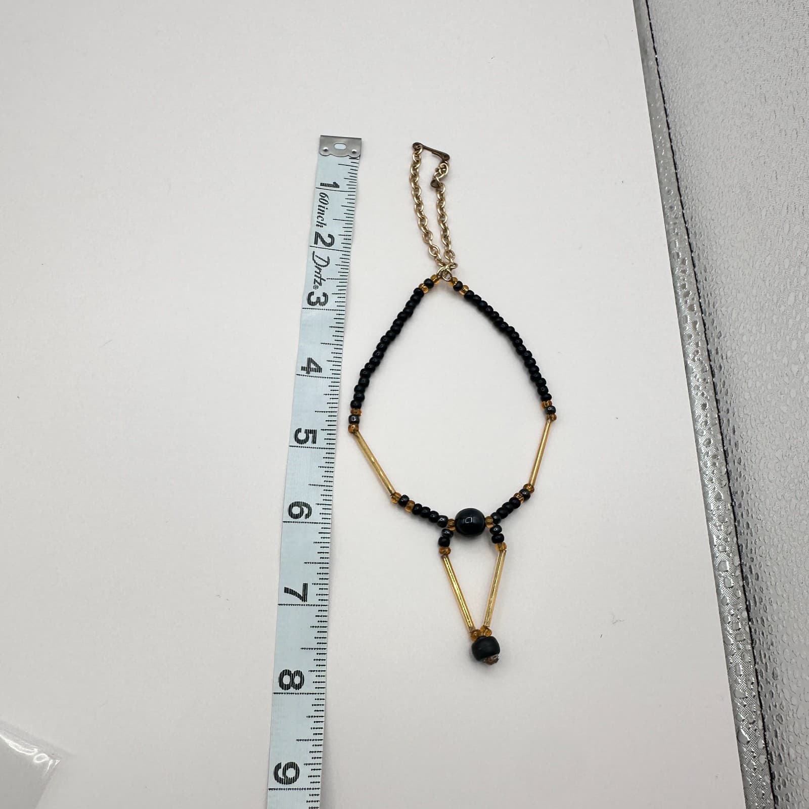 Vintage 80s Black Onyx Seed Bead Necklace Amber Bugle Glass Choker Drop Jewelry - Thumbnail 9