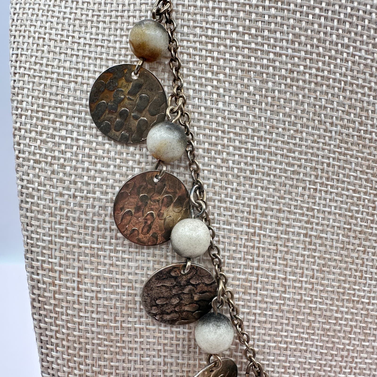 Vintage 90s Beaded Hammered Bronze Tone Coin Necklace Statement Women's Jewelry - Thumbnail 3