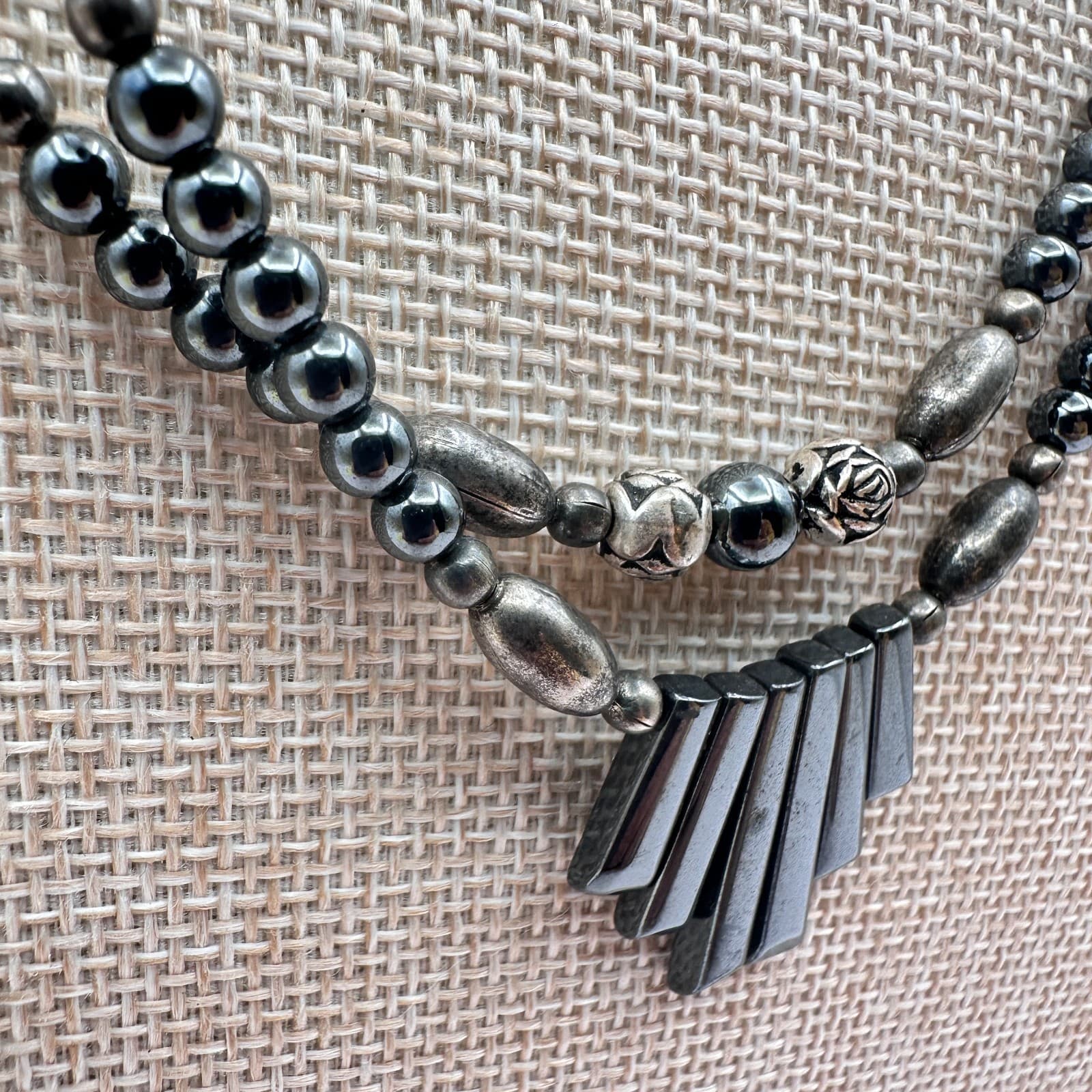 Vintage 90s Silver Tone Double Strand Beaded Geometric Fringe Statement Necklace - Thumbnail 3