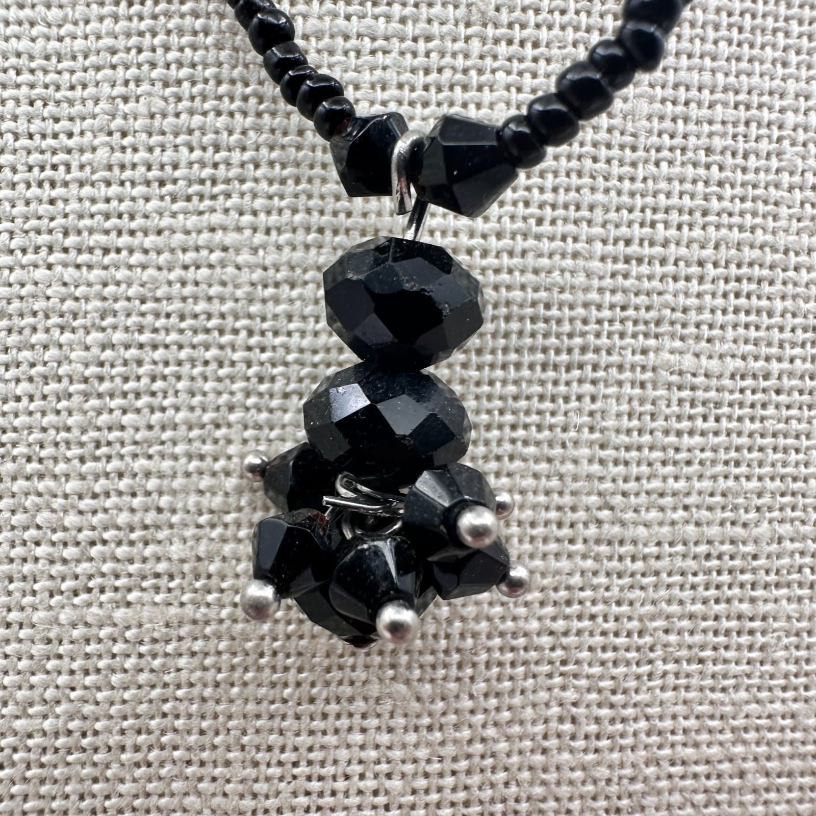 Vintage 90s Black Faceted Beaded Pendant Necklace Boho Statement Women's Jewelry - Thumbnail 6
