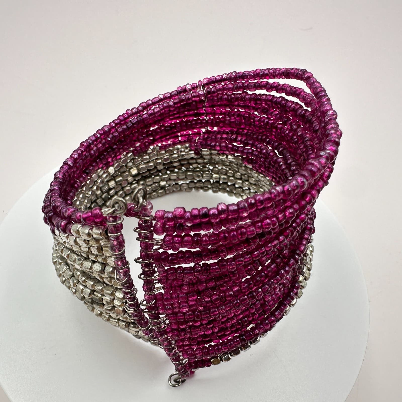 Vintage 90s Magenta Pink &Silver Seed Bead Multi-Strand Wrap Cuff Bracelet Boho - Thumbnail 6