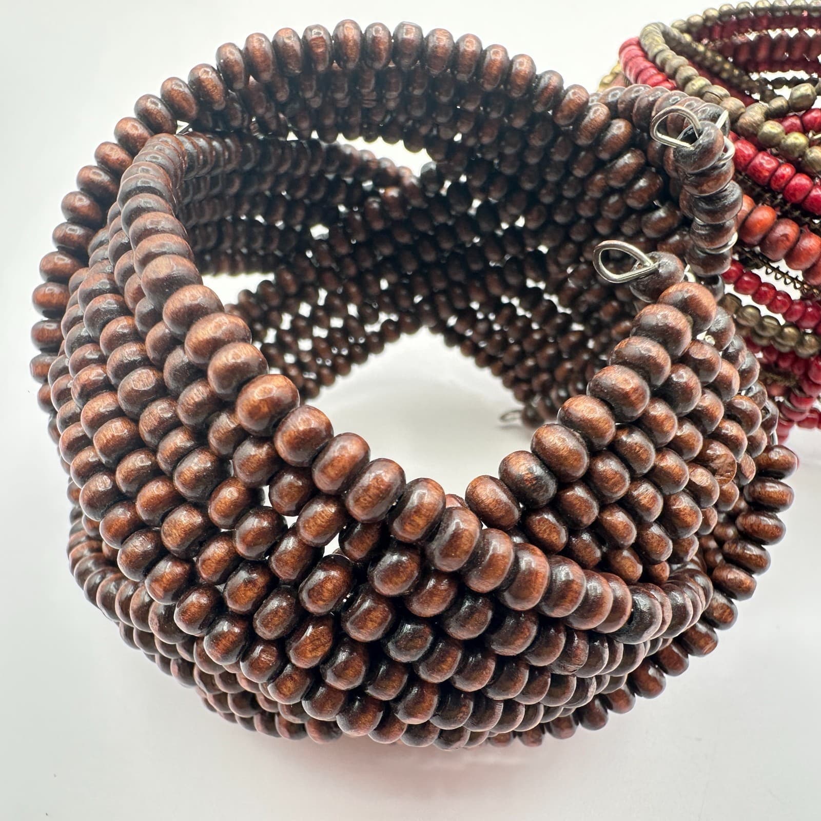 Vintage 90s Boho Seed Beaded Memory Wire Cuff Bracelet Set Statement Jewelry - Thumbnail 2