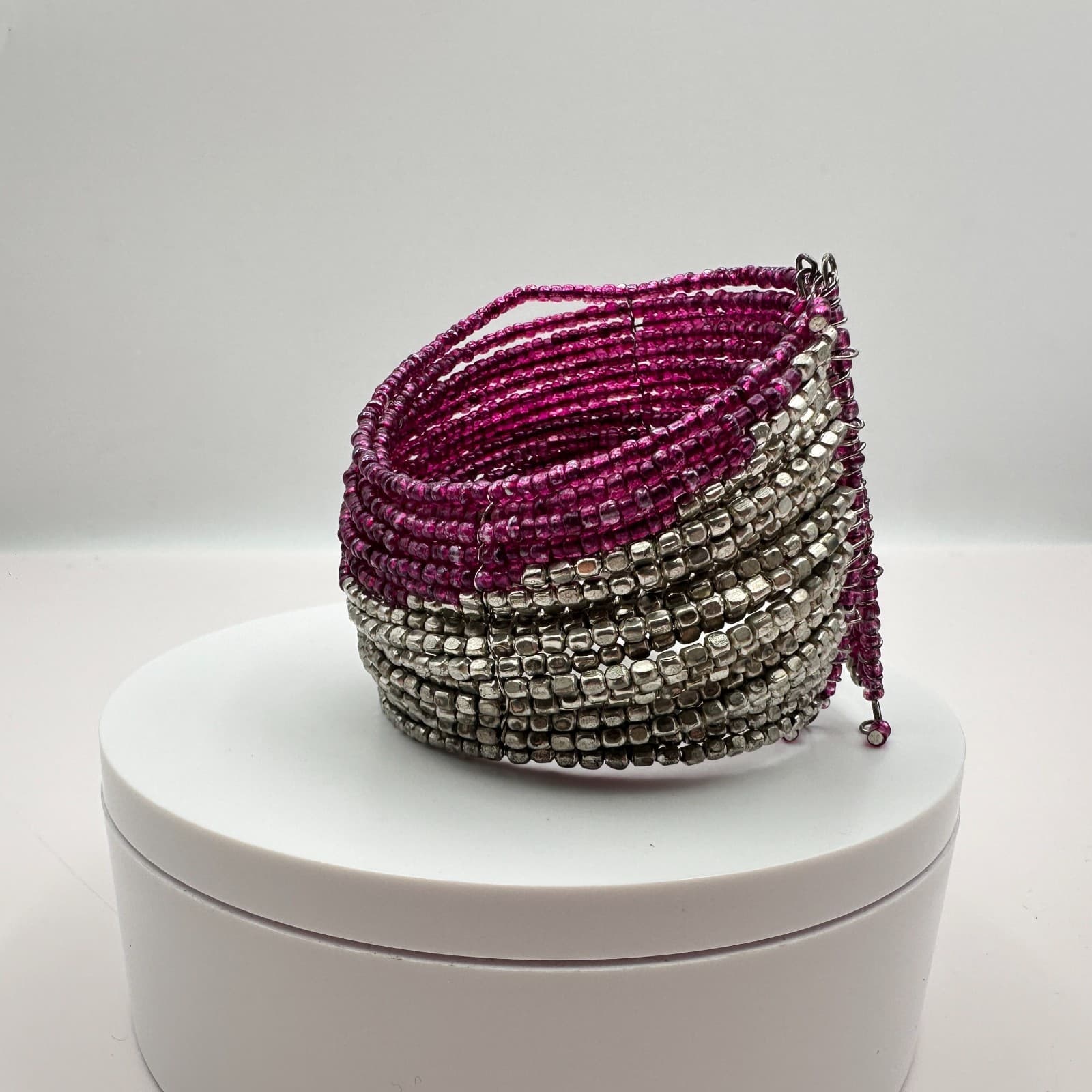 Vintage 90s Magenta Pink &Silver Seed Bead Multi-Strand Wrap Cuff Bracelet Boho - Thumbnail 7