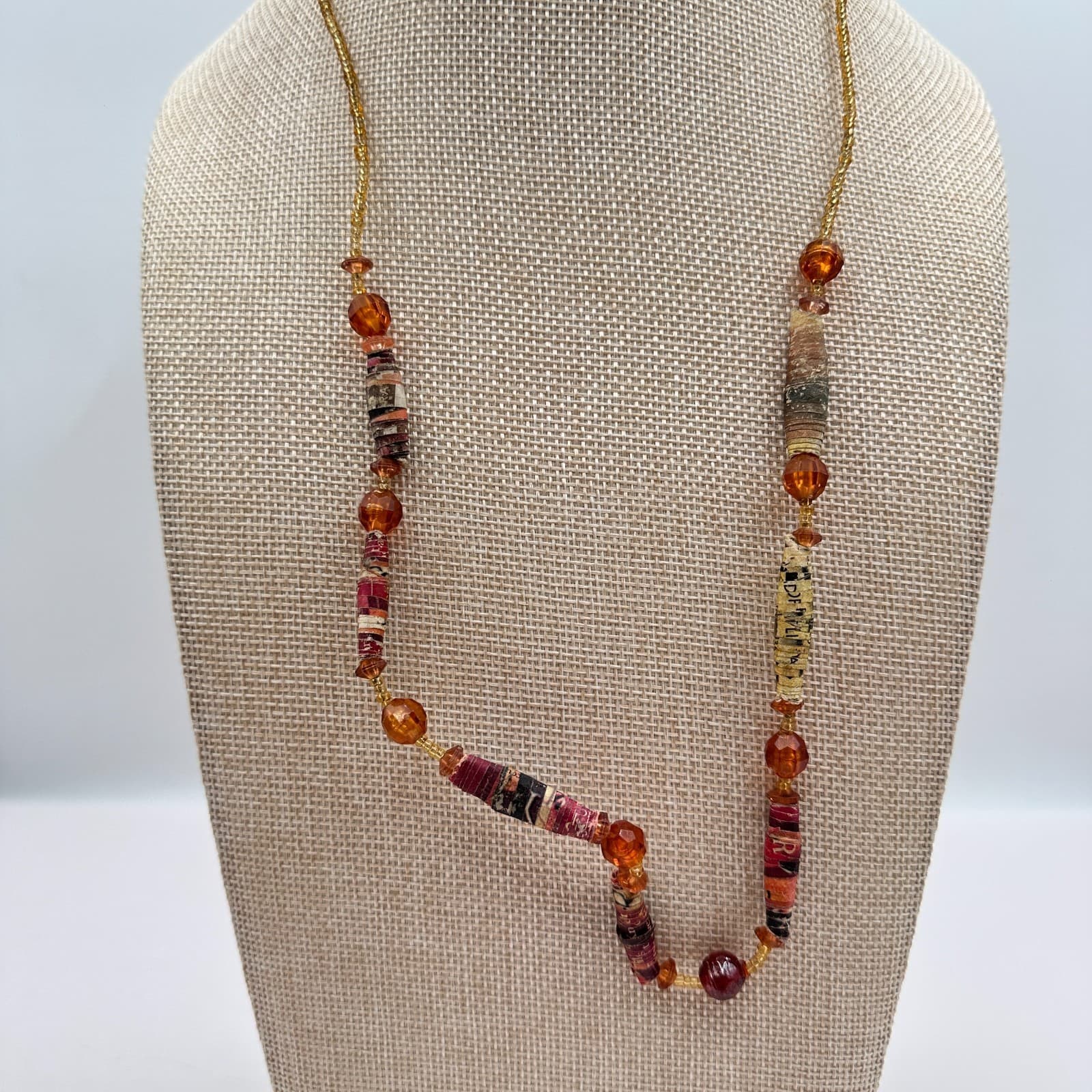 Vintage 90s Amber Paper Beaded Statement Necklace Boho Women's Classic Jewelry - Thumbnail 2