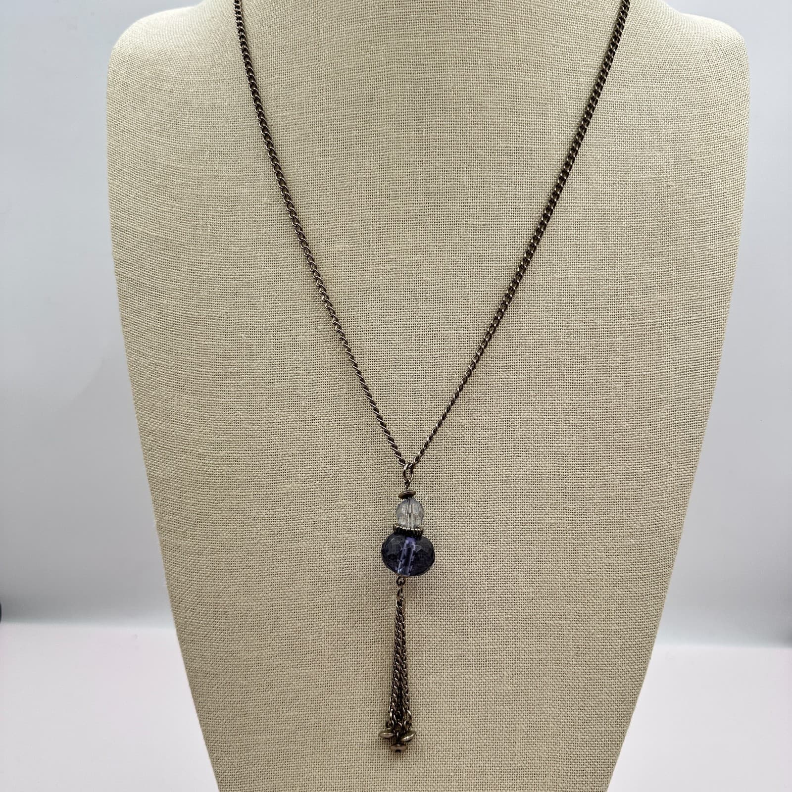 Vintage 90s Faceted Beaded Tassel Necklace Silver Tone Boho Statement Jewelry - Thumbnail 2