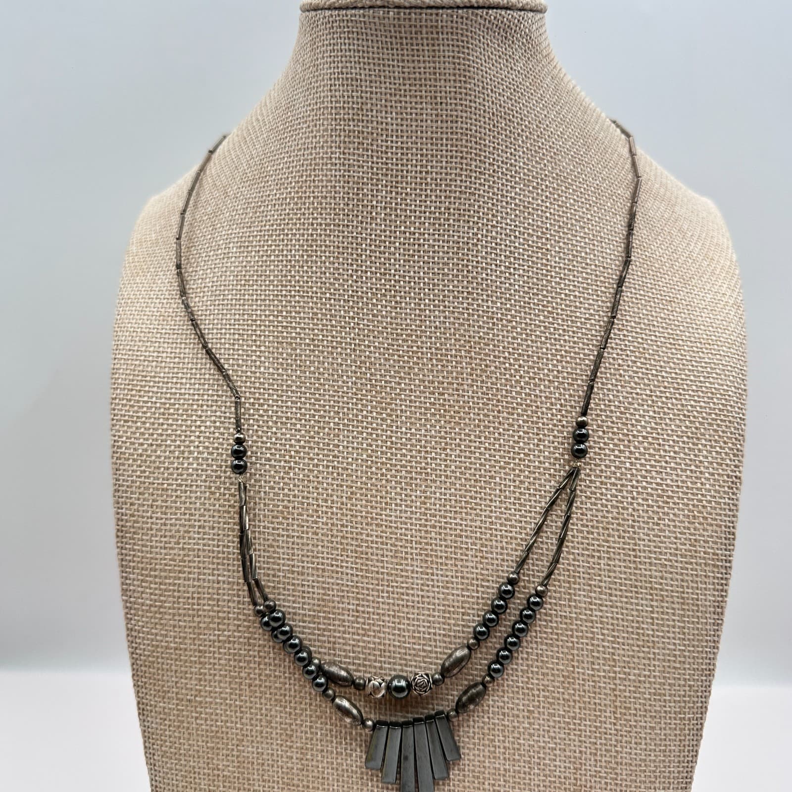Vintage 90s Silver Tone Double Strand Beaded Geometric Fringe Statement Necklace - Thumbnail 7