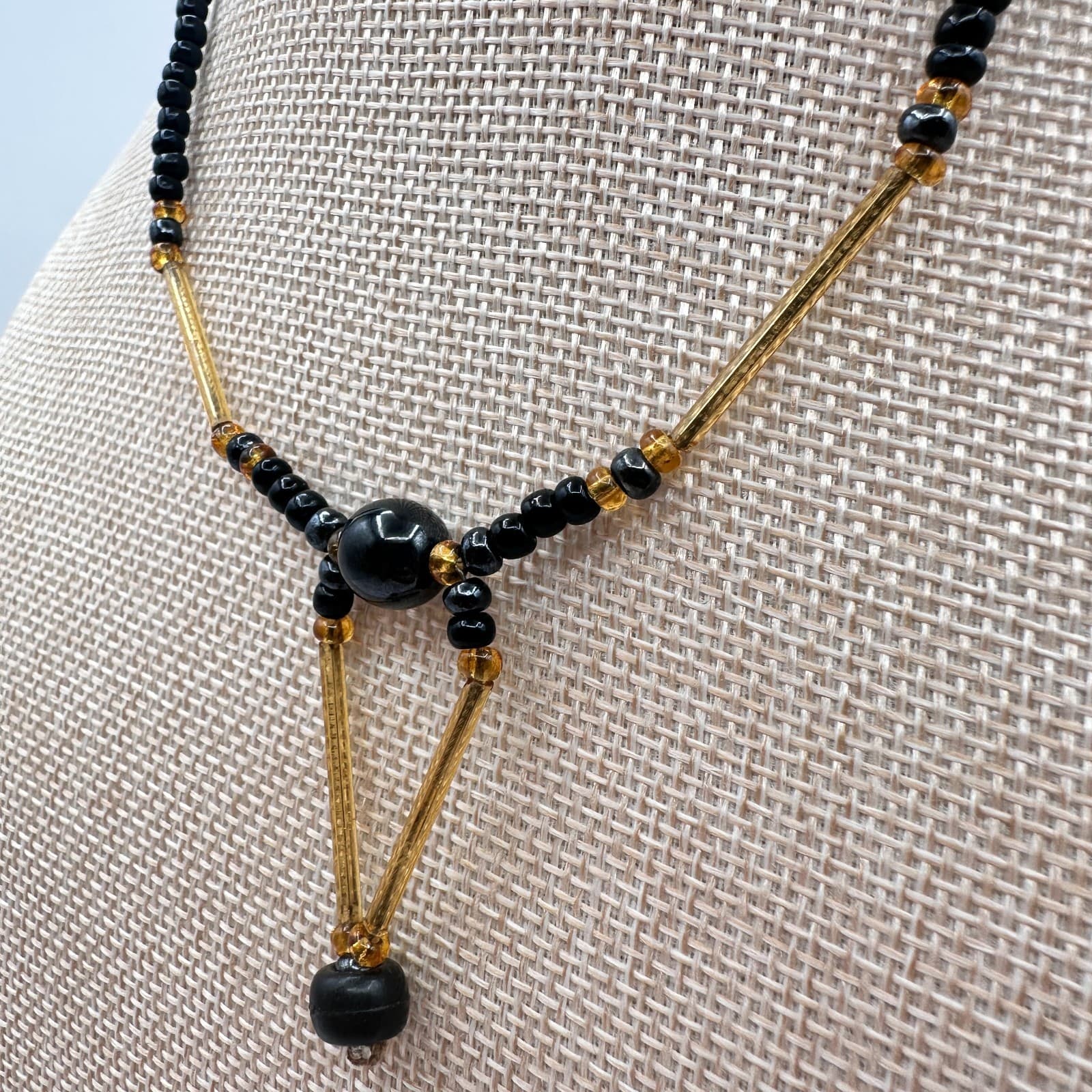 Vintage 80s Black Onyx Seed Bead Necklace Amber Bugle Glass Choker Drop Jewelry - Thumbnail 5