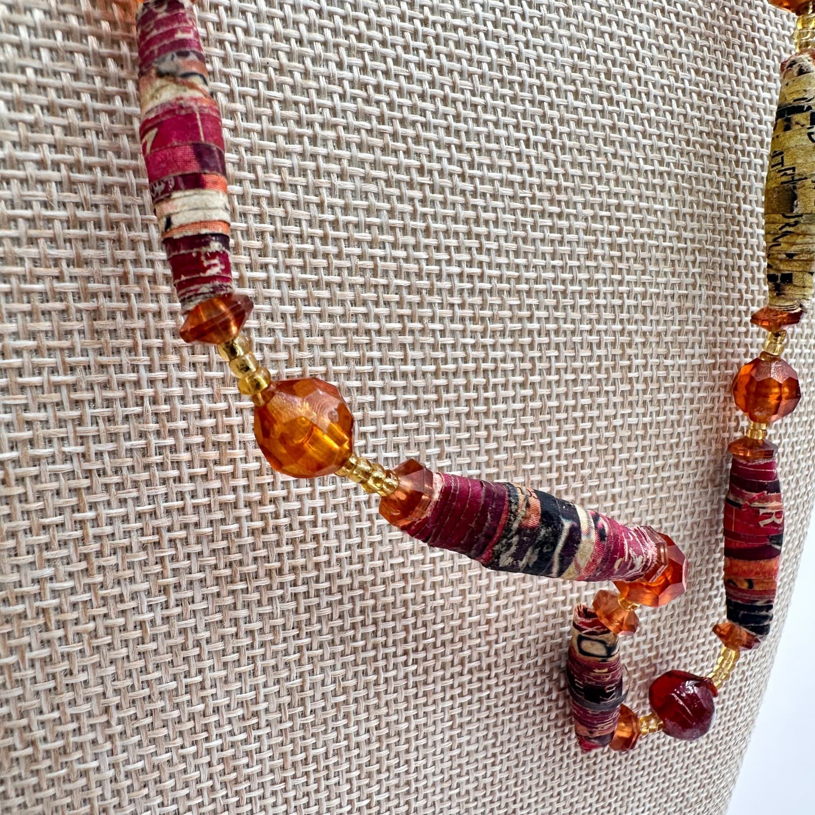 Vintage 90s Amber Paper Beaded Statement Necklace Boho Women's Classic Jewelry - Thumbnail 4