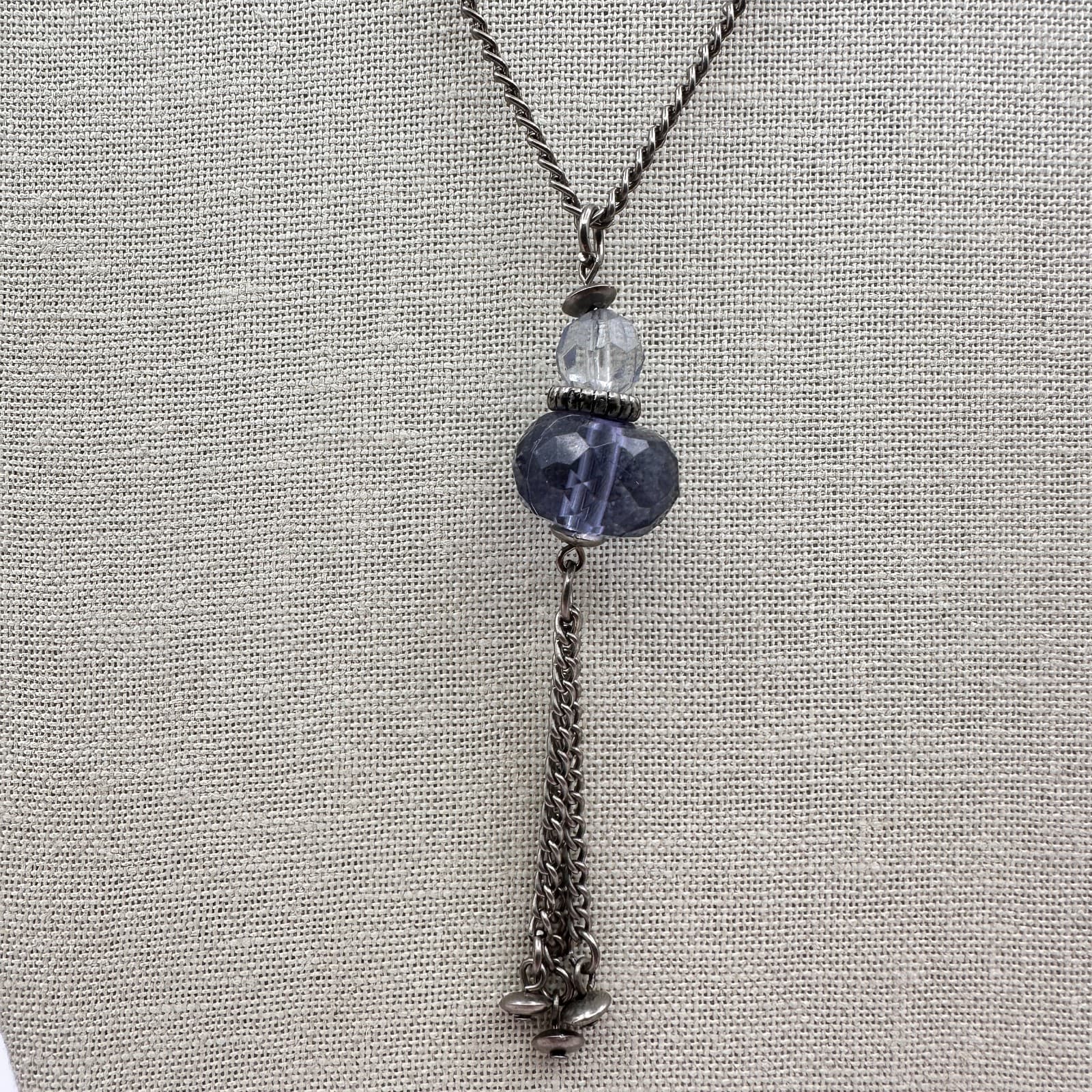 Vintage 90s Faceted Beaded Tassel Necklace Silver Tone Boho Statement Jewelry - Thumbnail 3