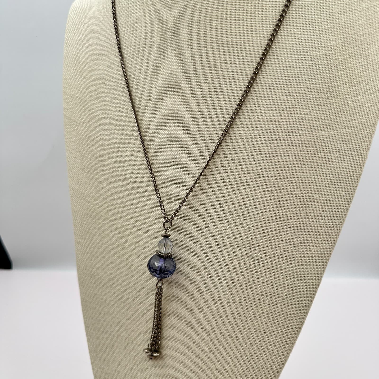 Vintage 90s Faceted Beaded Tassel Necklace Silver Tone Boho Statement Jewelry - Thumbnail 6