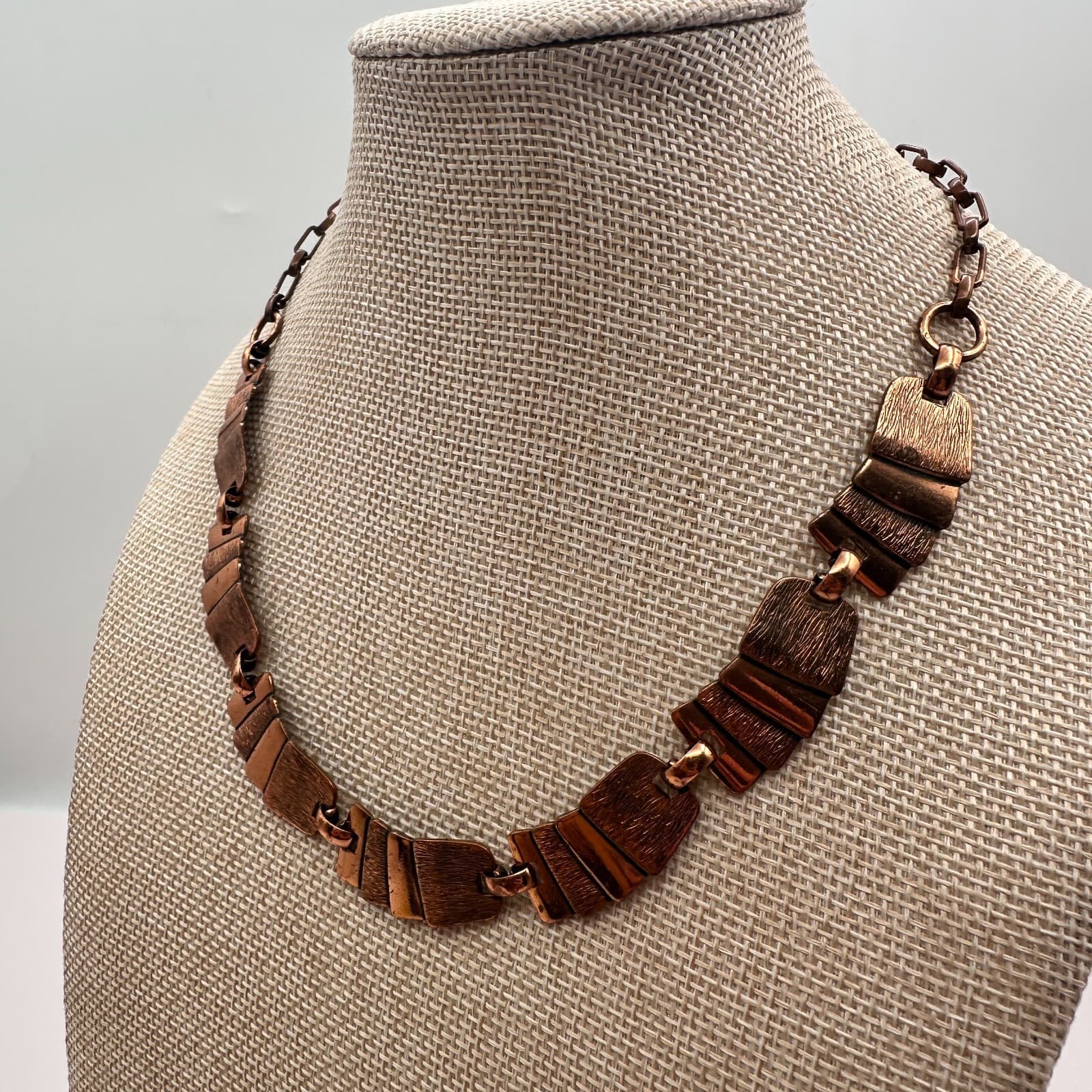 Vintage 90s Copper Tone Textured Panel Collar Necklace Boho Women's Jewelry - Thumbnail 7
