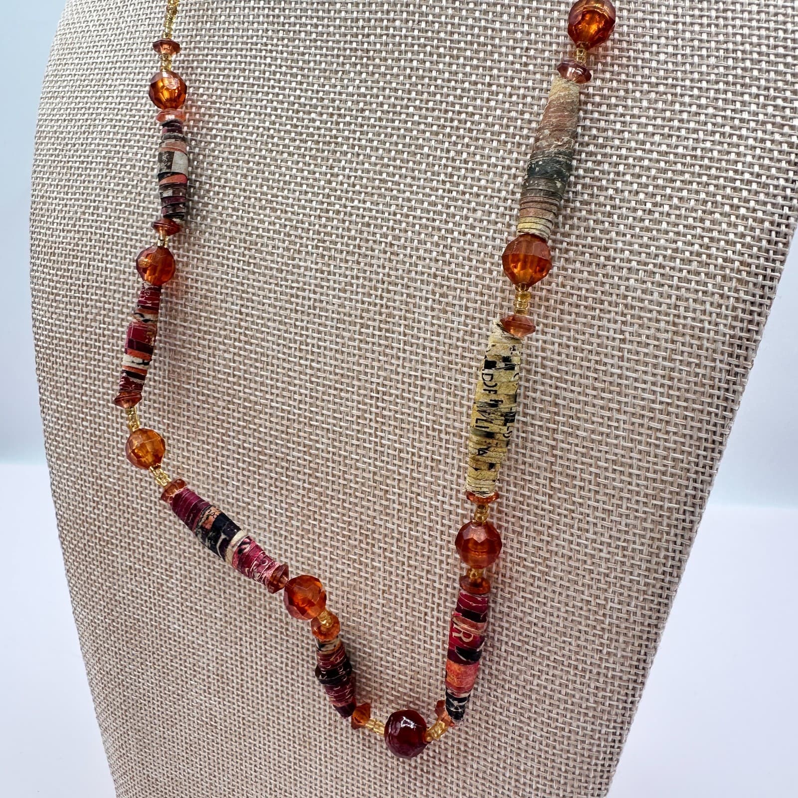 Vintage 90s Amber Paper Beaded Statement Necklace Boho Women's Classic Jewelry - Thumbnail 7