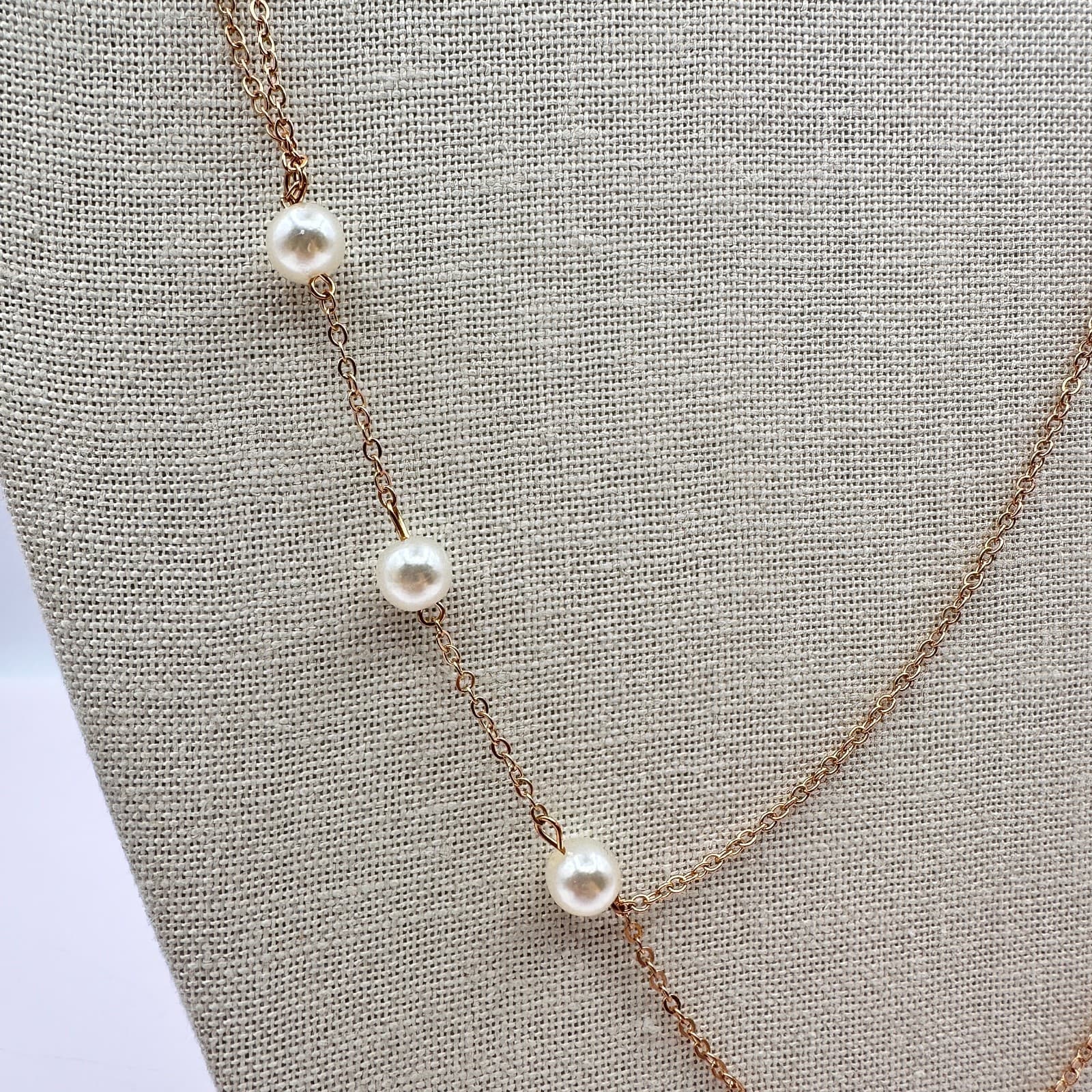 Vintage 90s Faux Pearl Gold Tone Double Strand Chain Necklace Minimalist Jewelry - Thumbnail 4