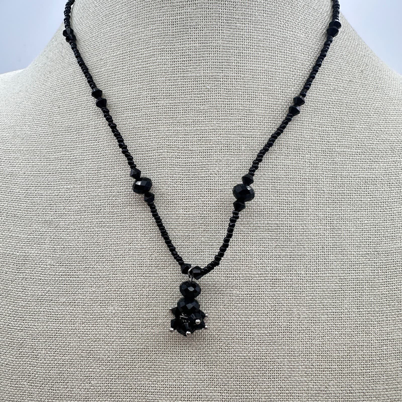 Vintage 90s Black Faceted Beaded Pendant Necklace Boho Statement Women's Jewelry - Thumbnail 8