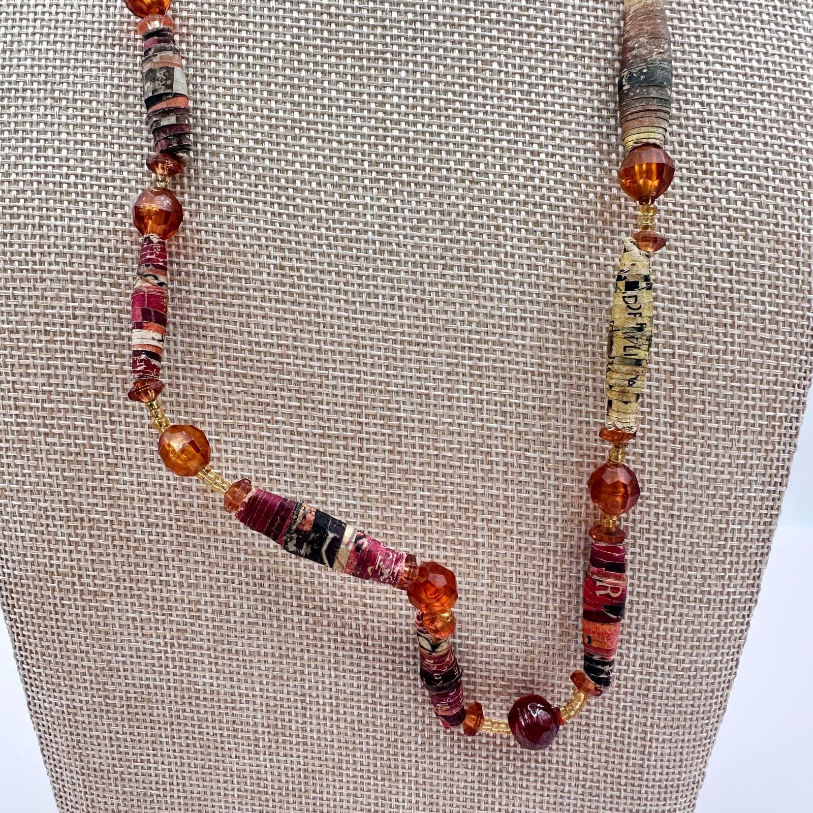 Vintage 90s Amber Paper Beaded Statement Necklace Boho Women's Classic Jewelry - Thumbnail 3