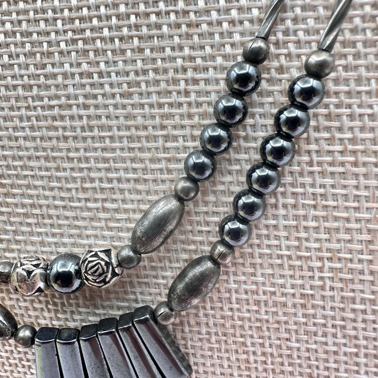 Vintage 90s Silver Tone Double Strand Beaded Geometric Fringe Statement Necklace - Thumbnail 5