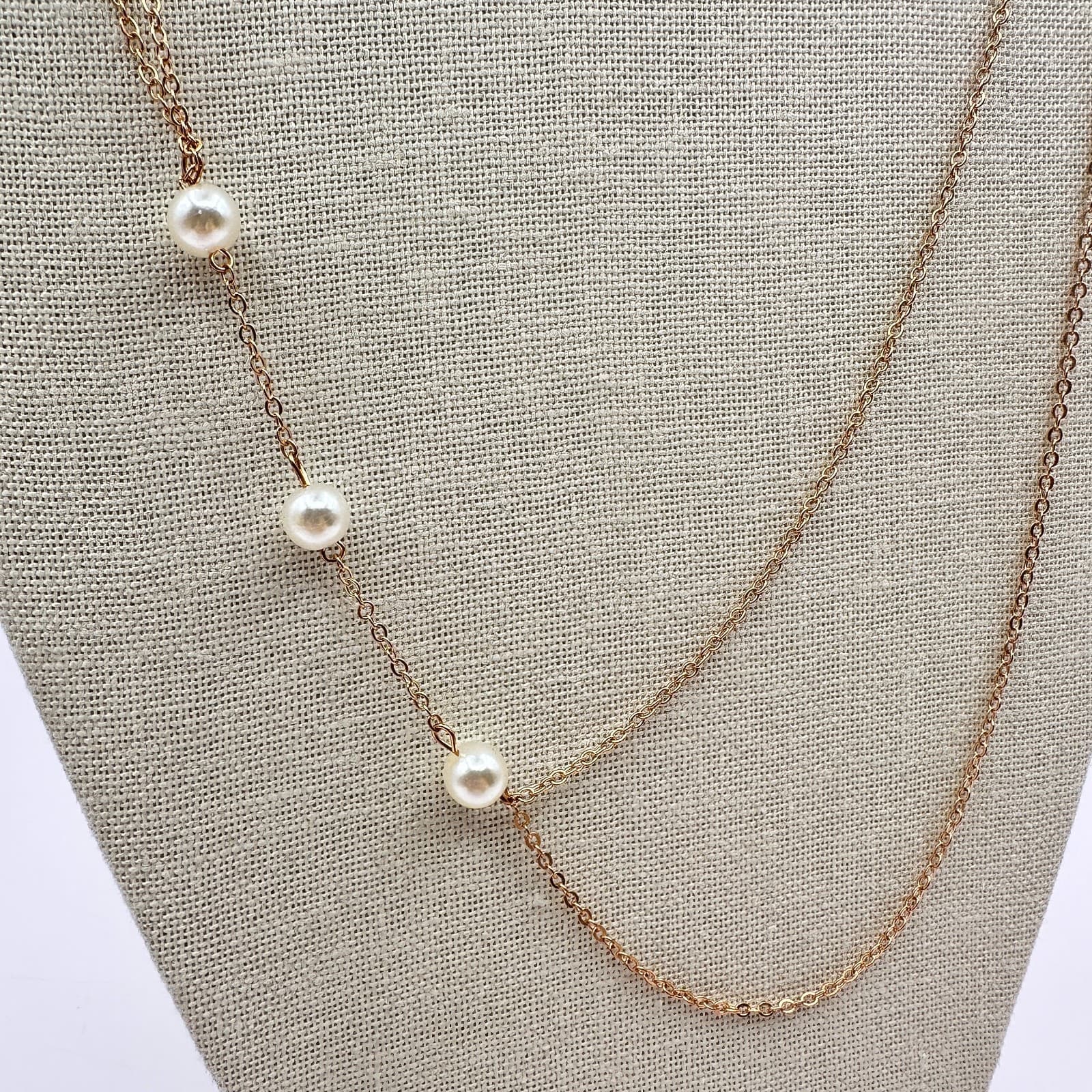 Vintage 90s Faux Pearl Gold Tone Double Strand Chain Necklace Minimalist Jewelry - Thumbnail 5