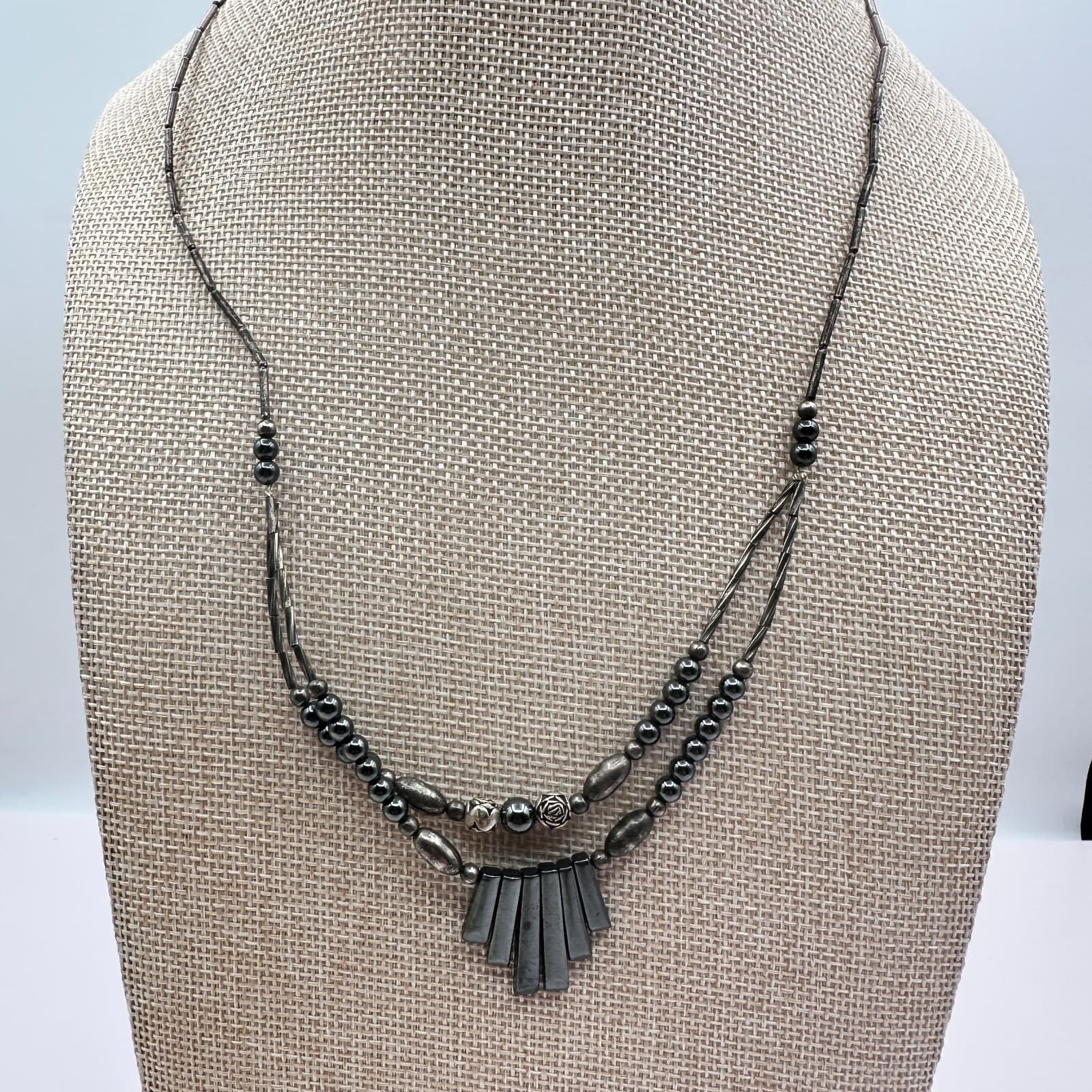 Vintage 90s Silver Tone Double Strand Beaded Geometric Fringe Statement Necklace - Thumbnail 6