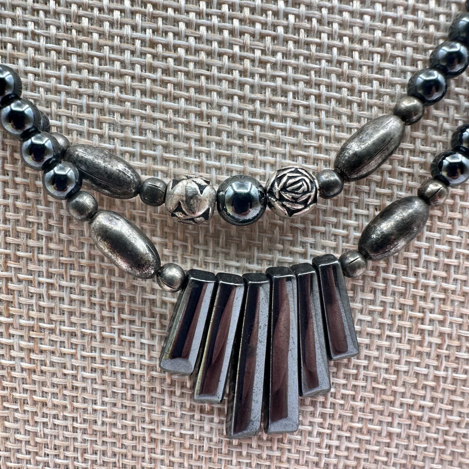 Vintage 90s Silver Tone Double Strand Beaded Geometric Fringe Statement Necklace - Thumbnail 4