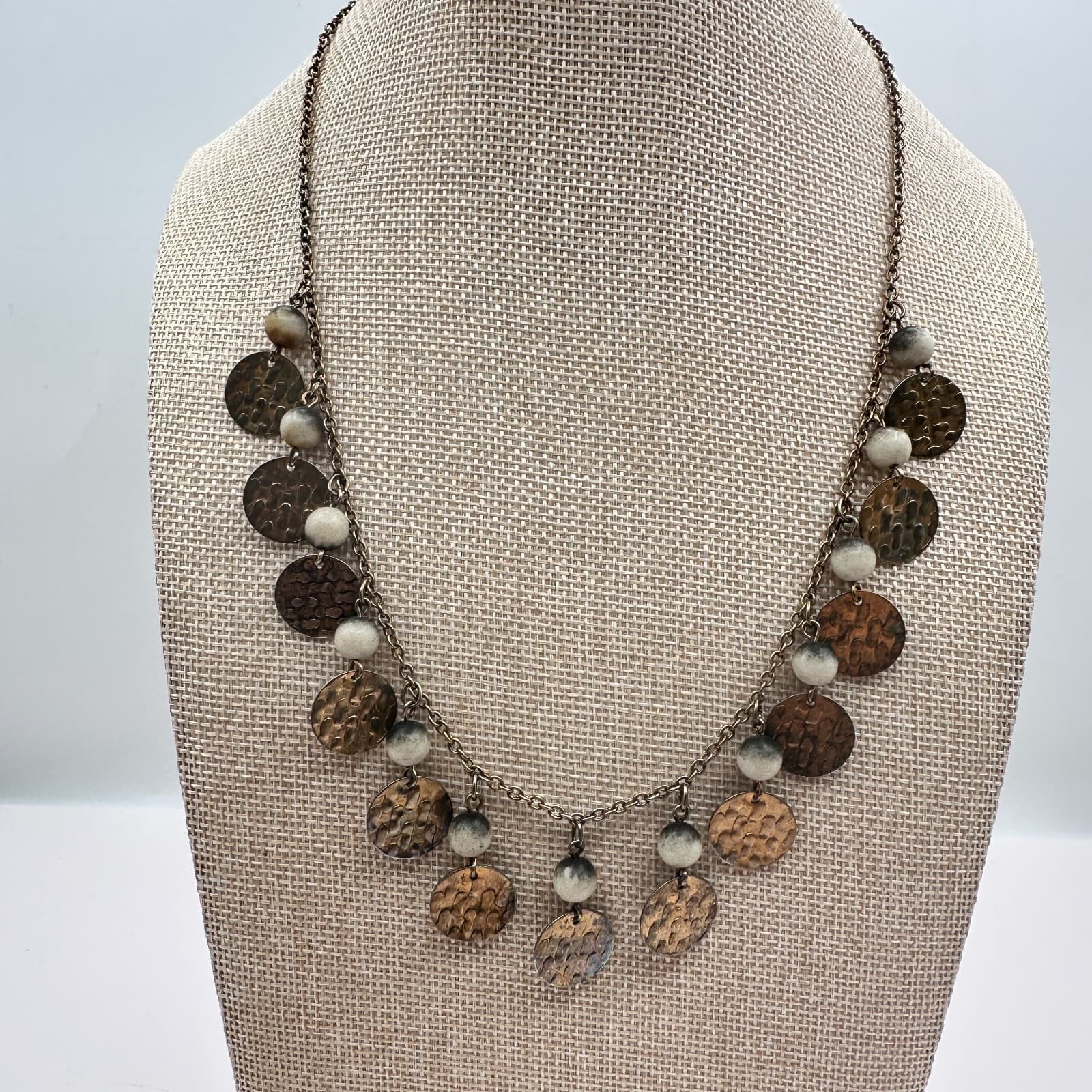 Vintage 90s Beaded Hammered Bronze Tone Coin Necklace Statement Women's Jewelry - Thumbnail 6