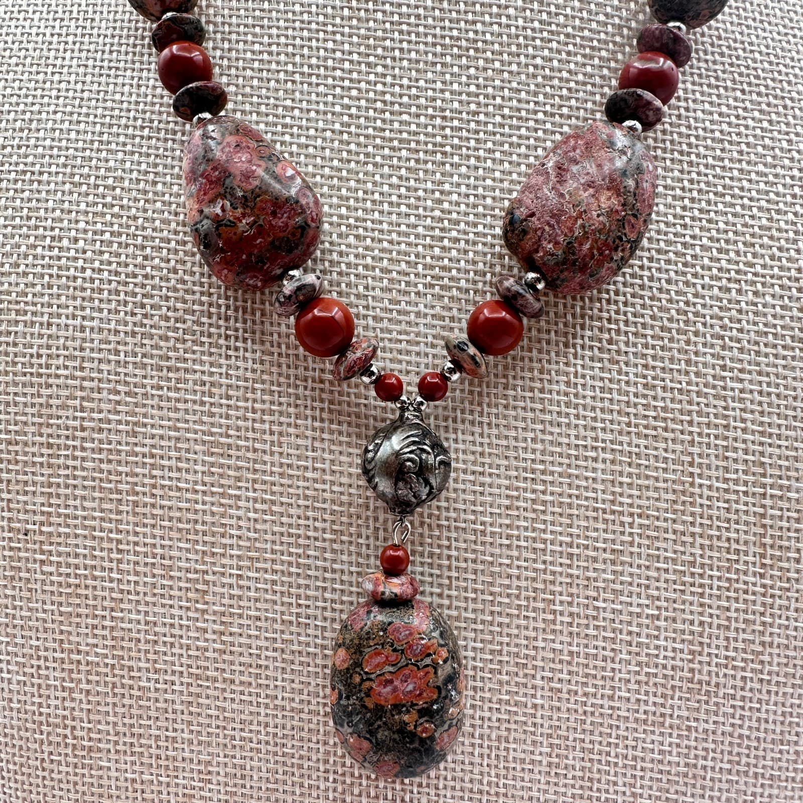 Vintage Y2K Red Poppy Jasper Beaded Pendant Necklace Silver Tone Boho Jewelry - Thumbnail 2