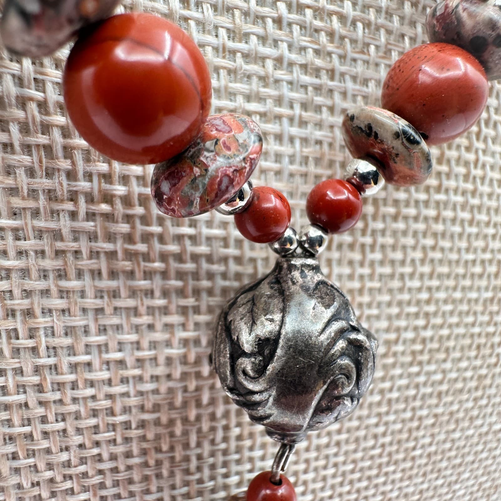 Vintage Y2K Red Poppy Jasper Beaded Pendant Necklace Silver Tone Boho Jewelry - Thumbnail 4