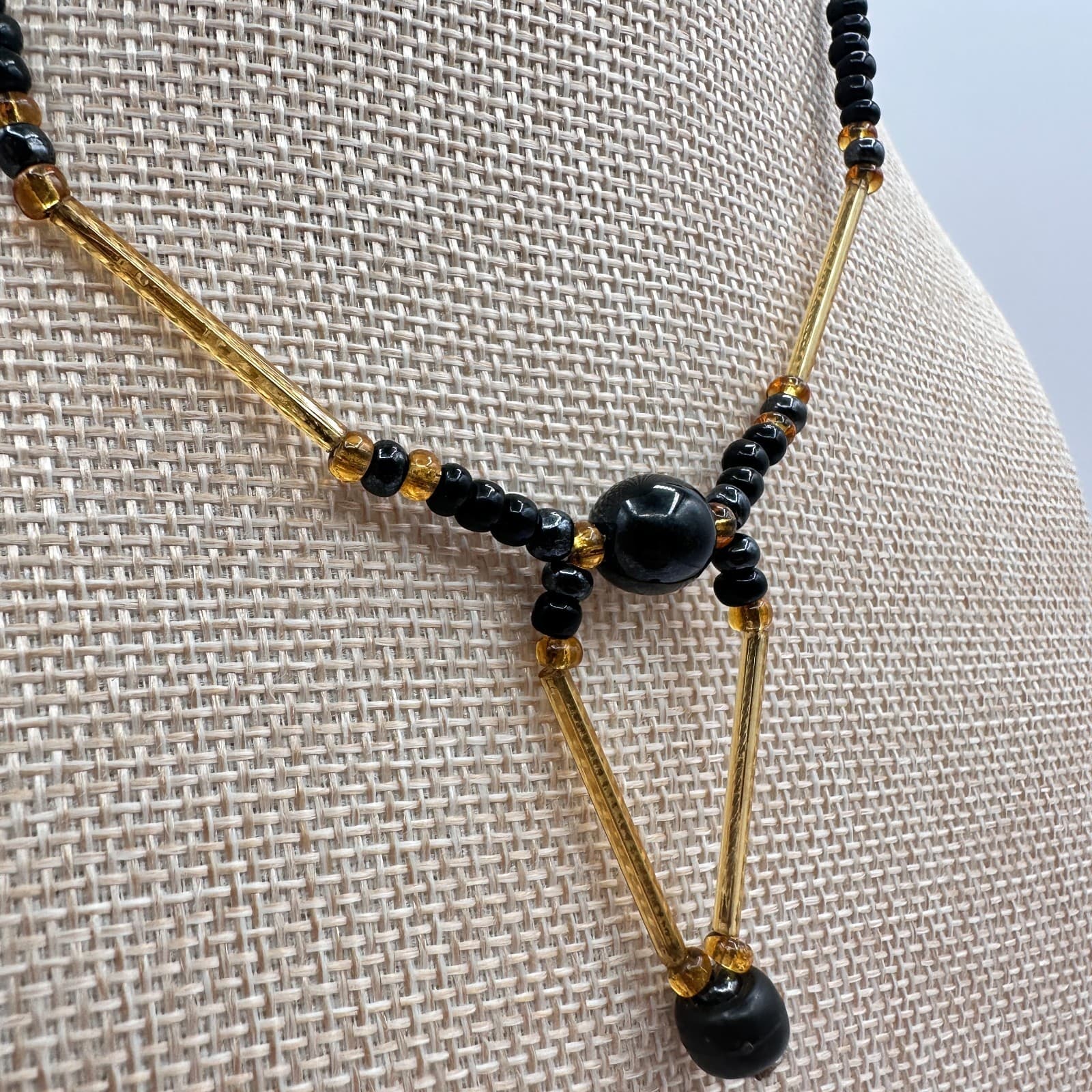 Vintage 80s Black Onyx Seed Bead Necklace Amber Bugle Glass Choker Drop Jewelry - Thumbnail 3