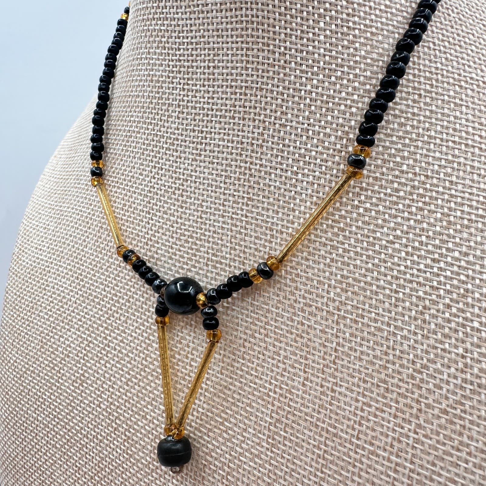 Vintage 80s Black Onyx Seed Bead Necklace Amber Bugle Glass Choker Drop Jewelry - Thumbnail 6