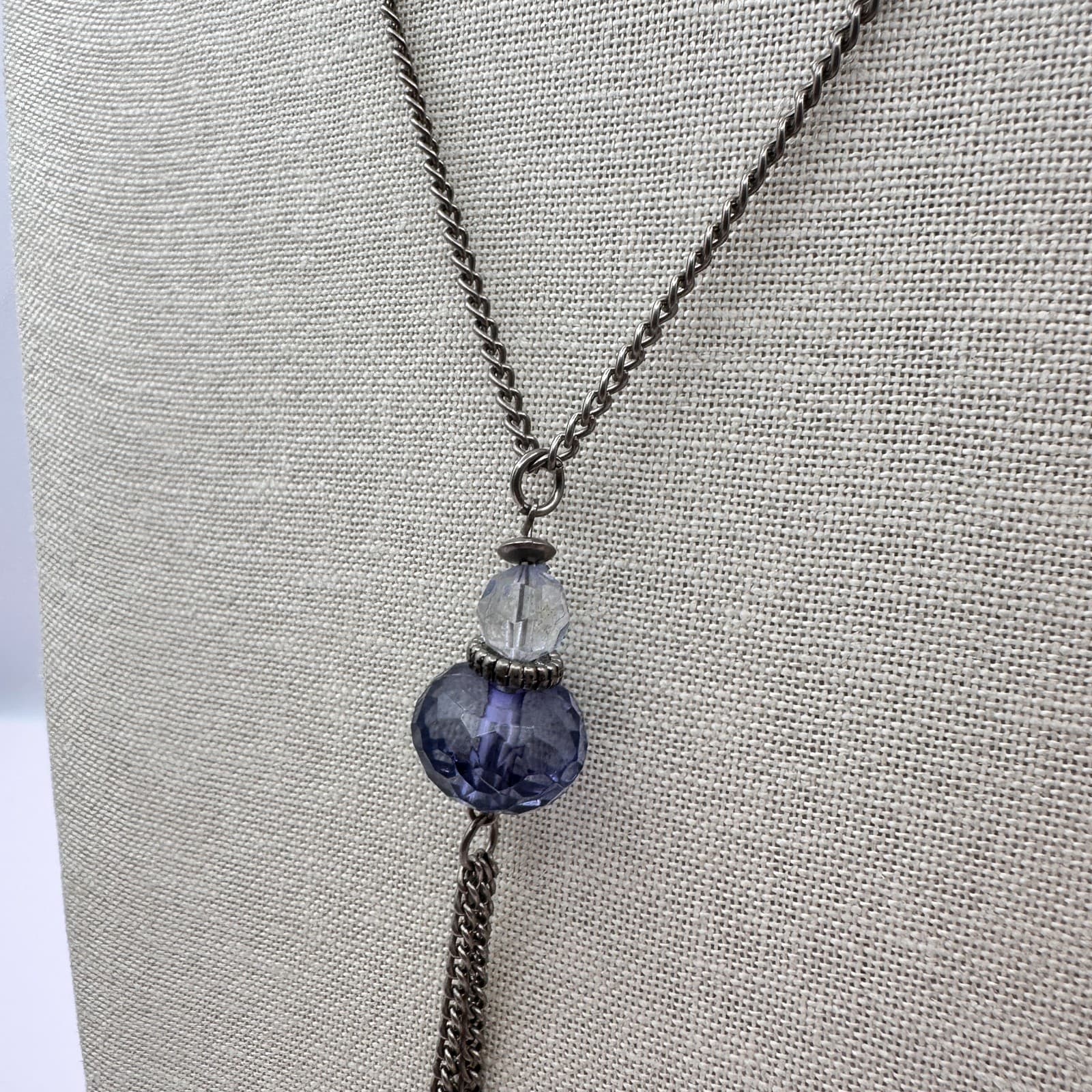 Vintage 90s Faceted Beaded Tassel Necklace Silver Tone Boho Statement Jewelry - Thumbnail 5