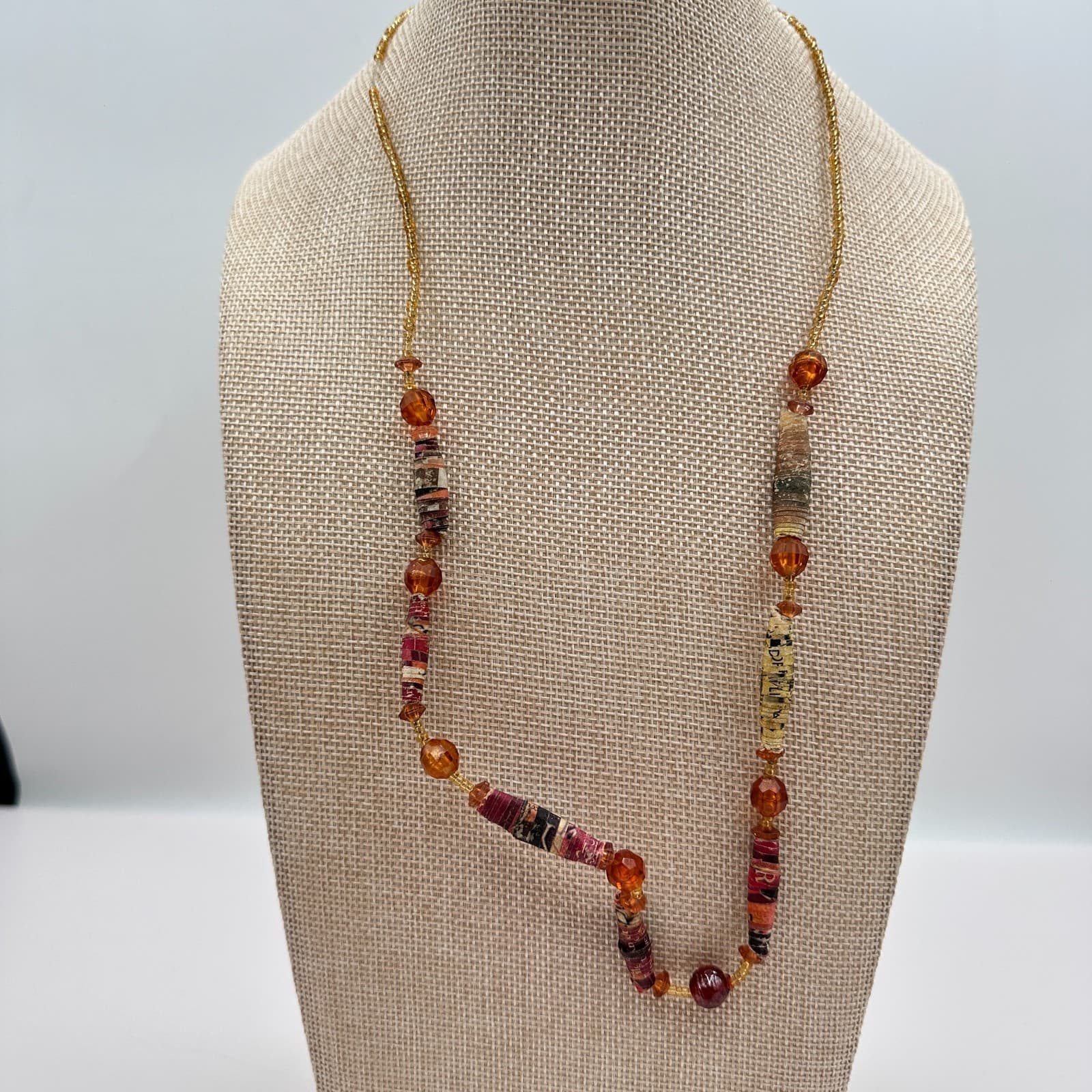 Vintage 90s Amber Paper Beaded Statement Necklace Boho Women's Classic Jewelry