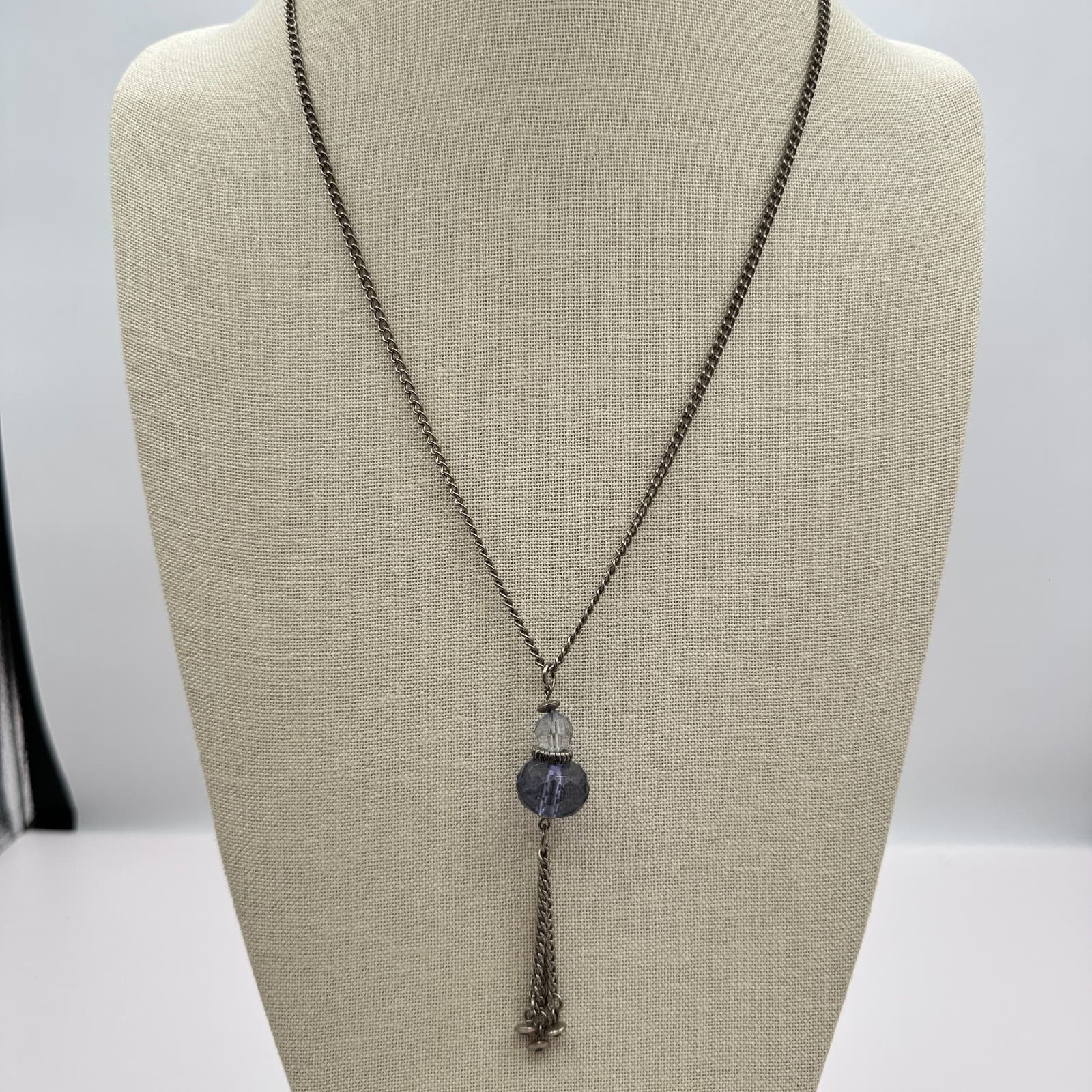 Vintage 90s Faceted Beaded Tassel Necklace Silver Tone Boho Statement Jewelry - Thumbnail 7