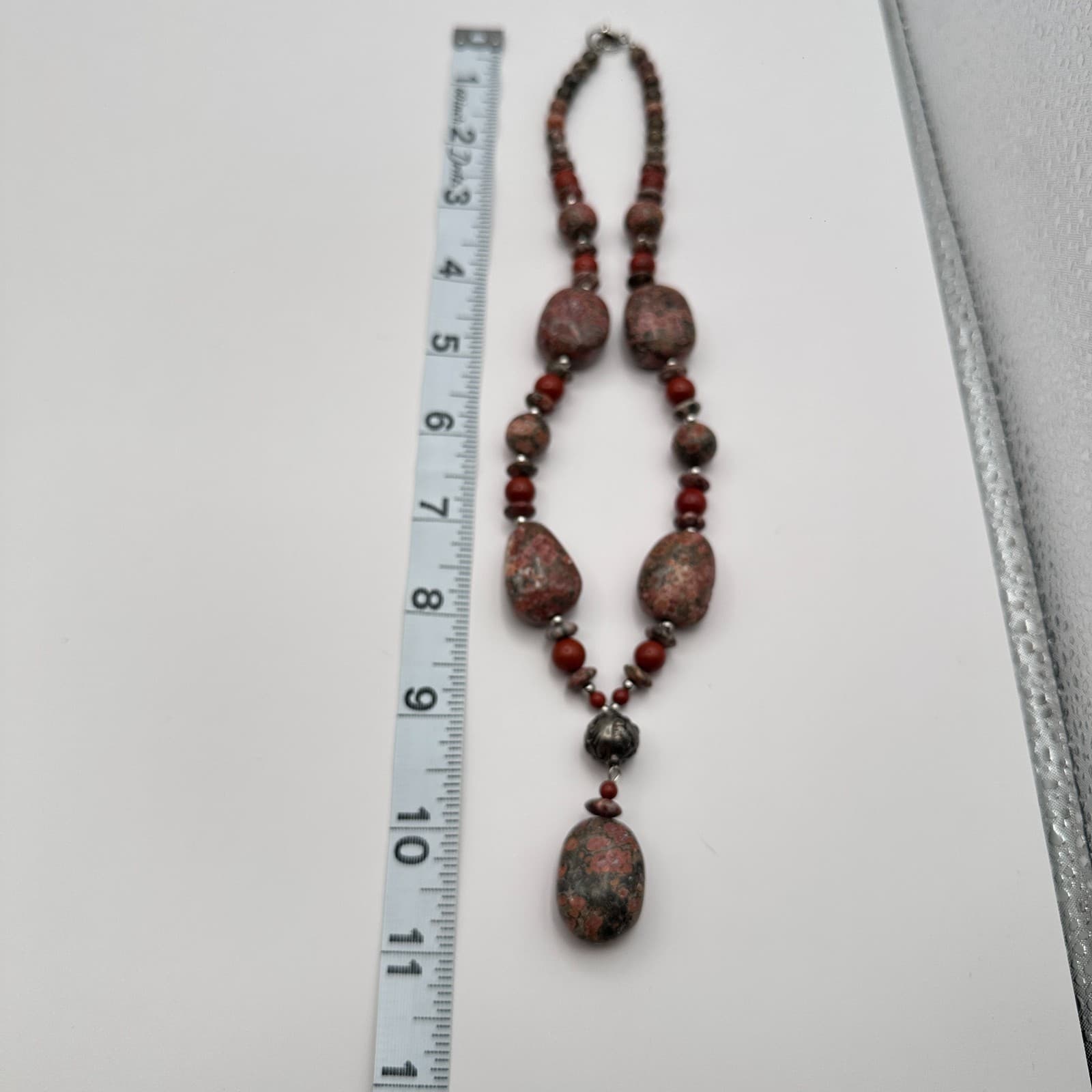 Vintage Y2K Red Poppy Jasper Beaded Pendant Necklace Silver Tone Boho Jewelry - Thumbnail 8