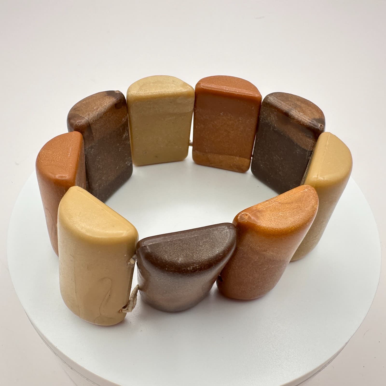Vintage 90s Stretch Bracelet Earth Tone Stones Chunky Classic Fashion Jewelry - Thumbnail 3