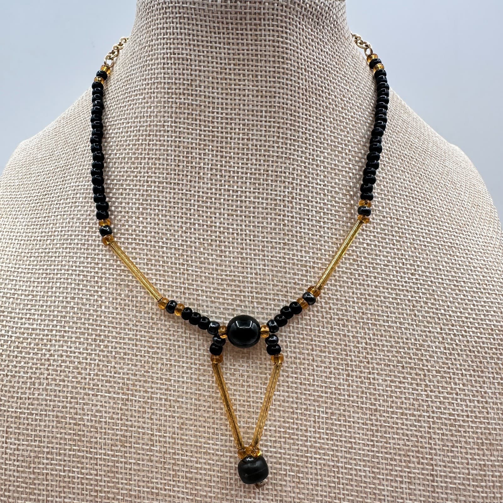 Vintage 80s Black Onyx Seed Bead Necklace Amber Bugle Glass Choker Drop Jewelry