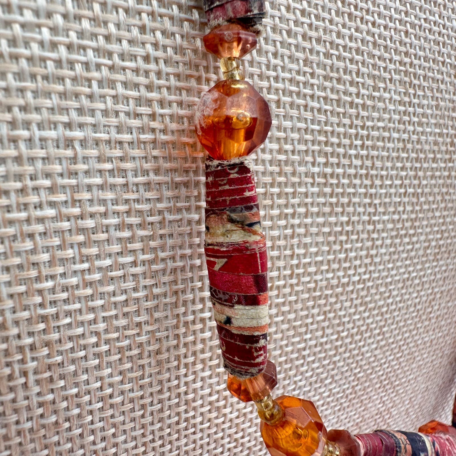 Vintage 90s Amber Paper Beaded Statement Necklace Boho Women's Classic Jewelry - Thumbnail 5